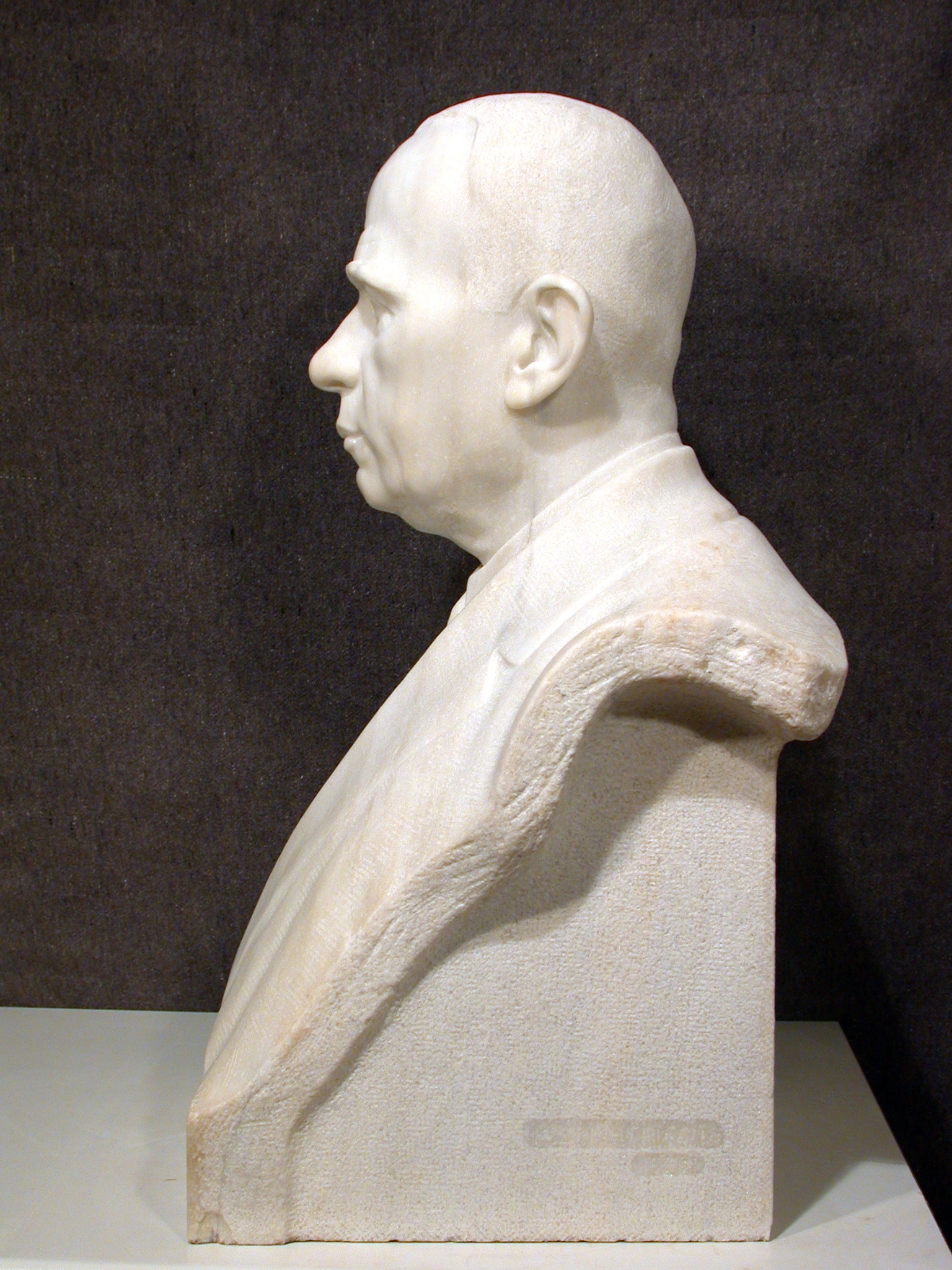 White, marble bust, left side view. Bust of Spyridon Loverdos