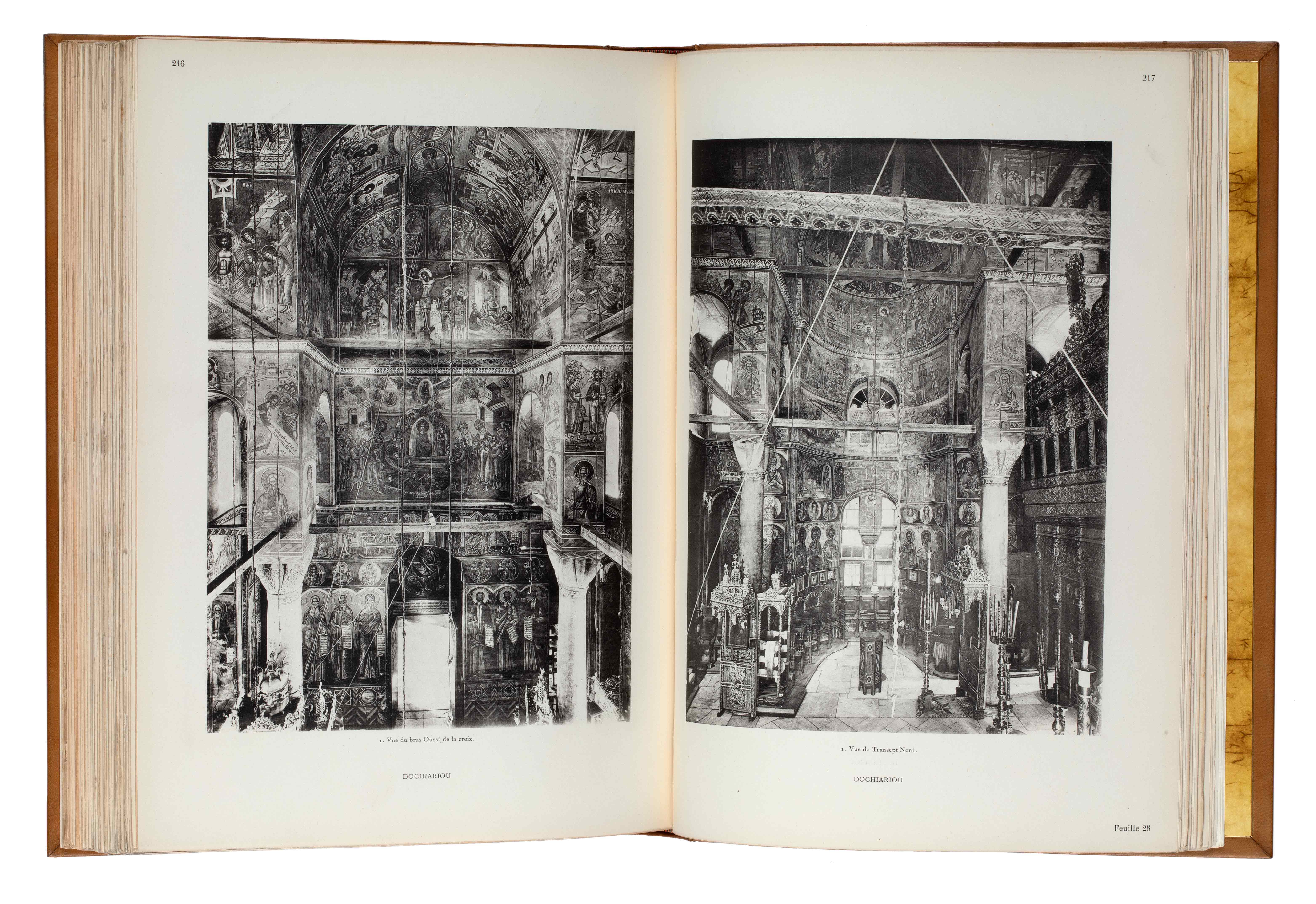 Pages from the book Monuments de l'Athos showing murals from the Docheiariou Monastery in Mount Athos. Inner pages of the book Monuments de l'Athos