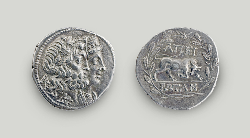 Two sides of silver didrachm of the Epirote League 