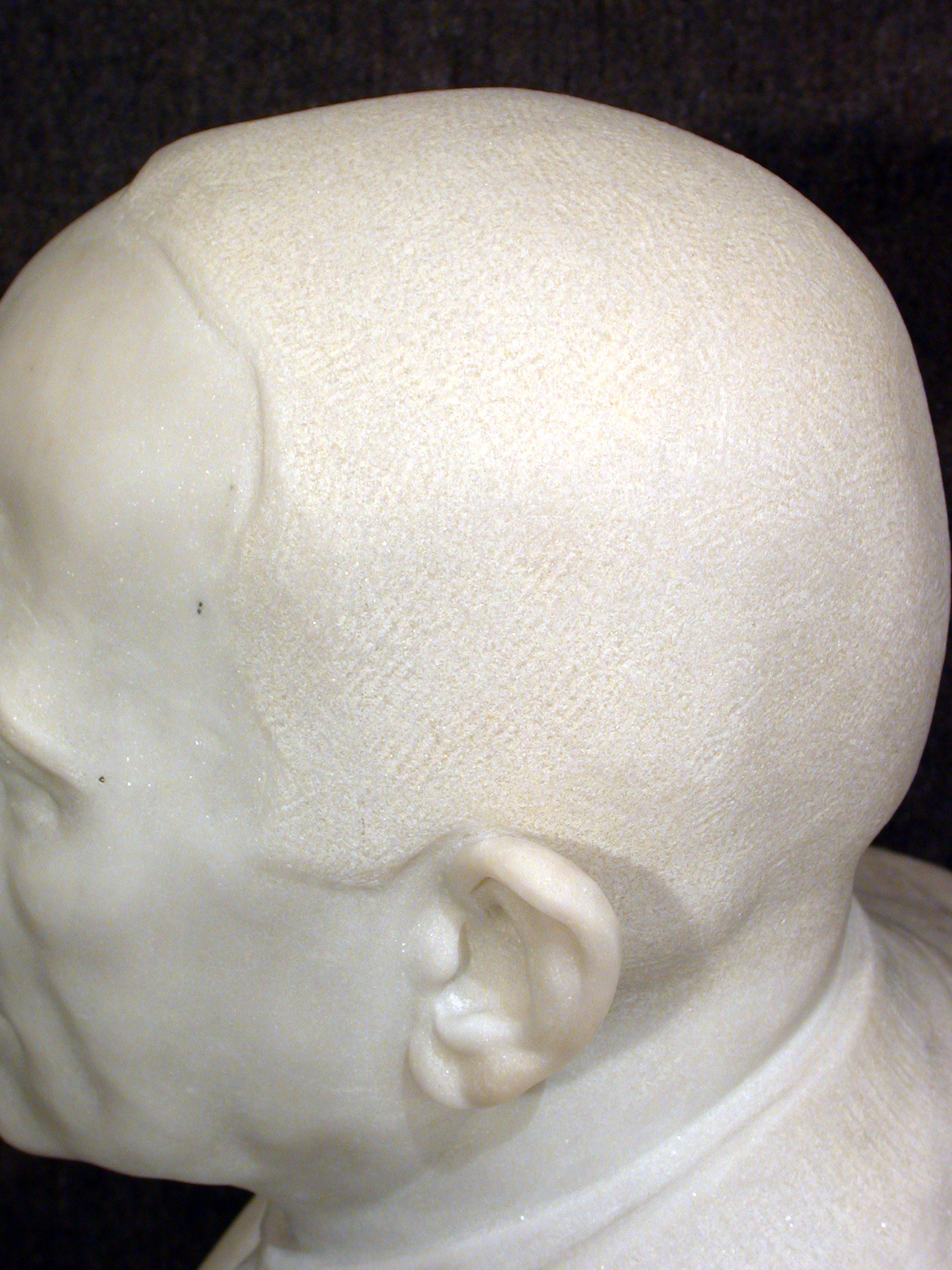 Detail of the marble sculpture, top of the head. Bust of Dionysios Loverdos