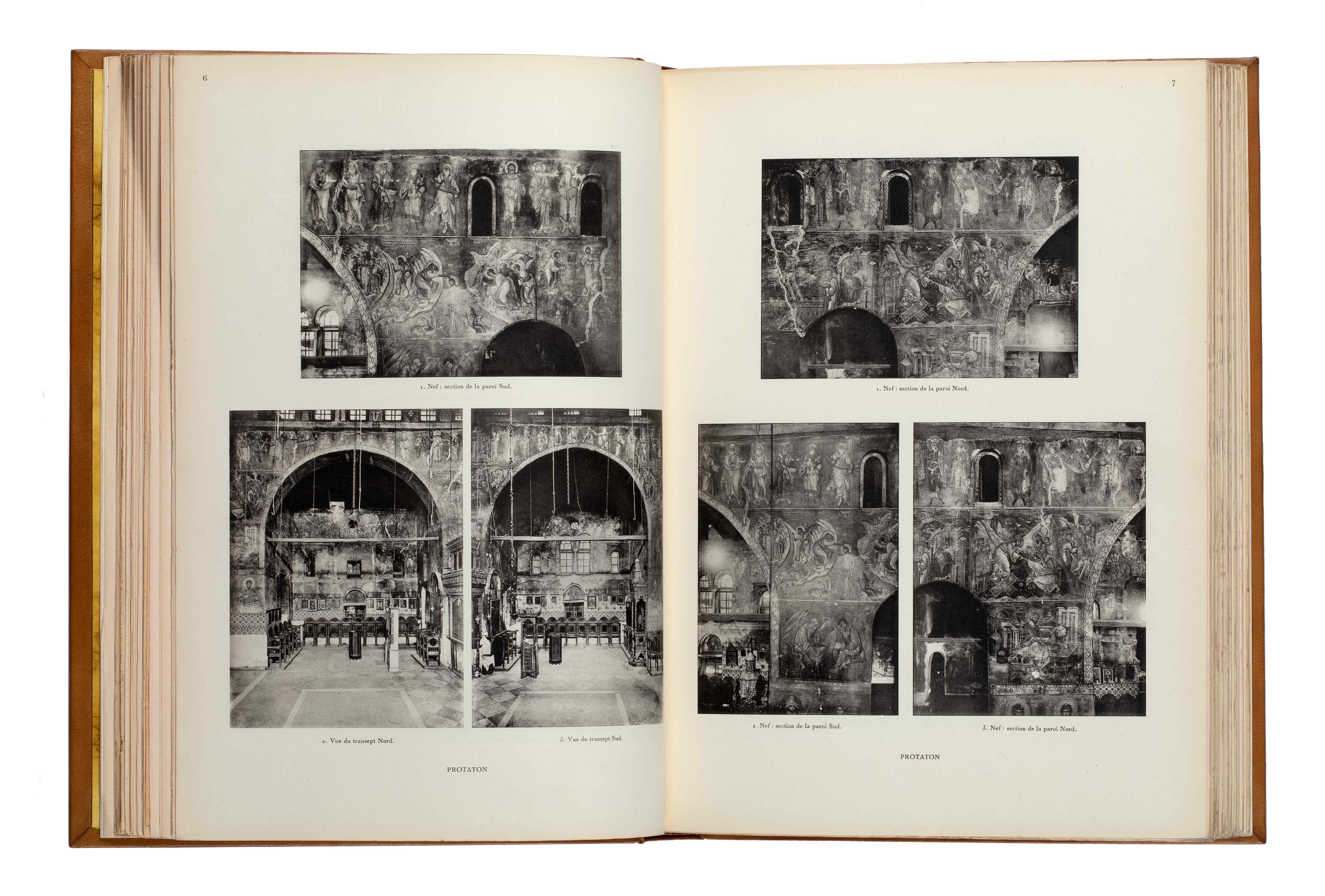Pages from the book Monuments de l'Athos showing murals from the Protato Monastery in Mount Athos. Inner pages of the book Monuments de l'Athos