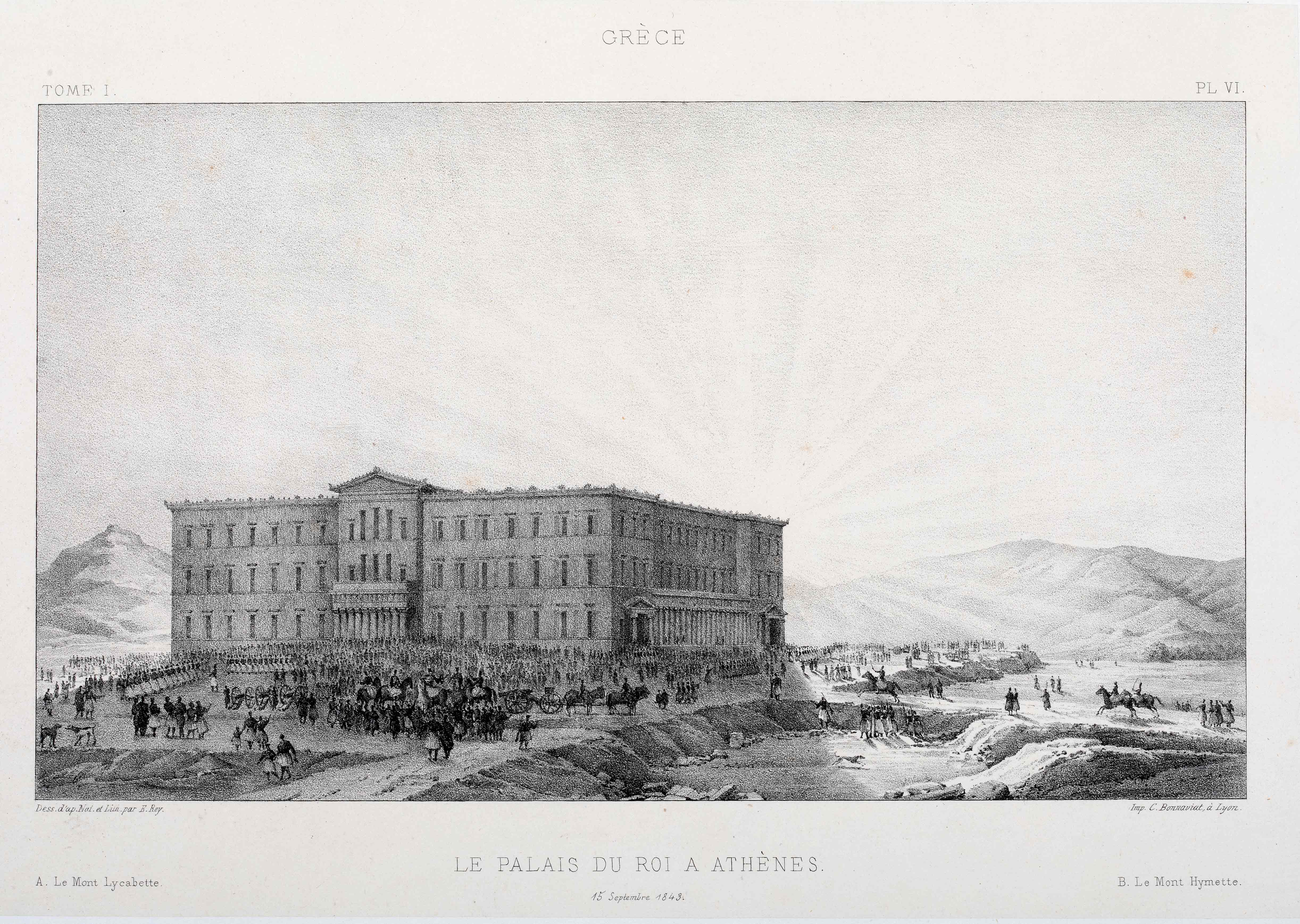 Chalcography print depicting the royal palace in Athens. Crowds of people are surrounding the palace.  Chalcography print from the book Voyage pittoresque en Grèce et dans le levant