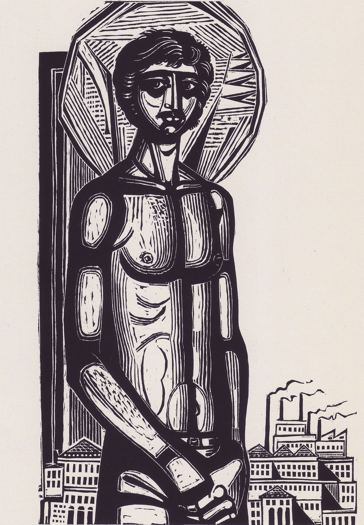 Η προμετωπίδα του βιβλίου με τον νεκρό ως βυζαντινή μορφή με φωτοστέφανο και εργοστάσια στο φόντο. 