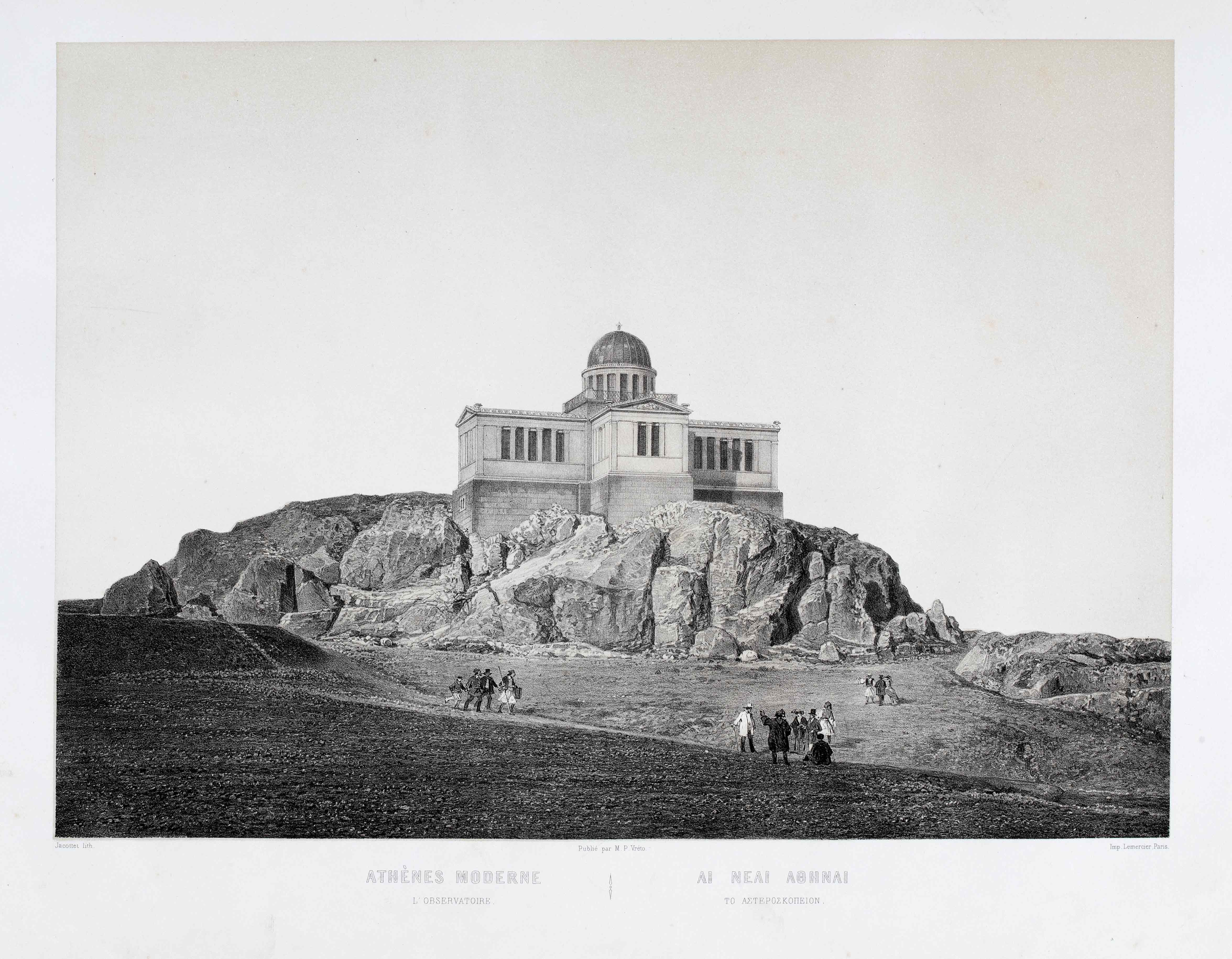 Etching of the Penteli Observatory, with men and women in period clothing in the forefront. Picture from the book Modern Athens