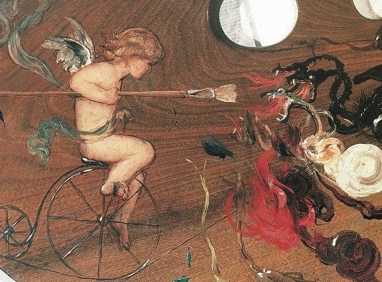 Detail of composition on a palette. Young god Eros fighting dragons with a paintbrush, riding a bicycle.  Detail of composition on a palette. Young god Eros fighting dragons with a paintbrush, riding a bicycle.