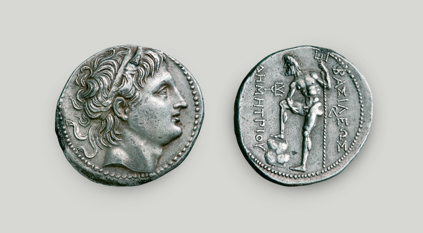 Two sides of tetradrachm of Demetrius Poliorcetes. On the obverse head of Demetrius, on the reverse Poseidon holding trident.  Two sides of silver tetradrachm of Demetrius Poliorcetes