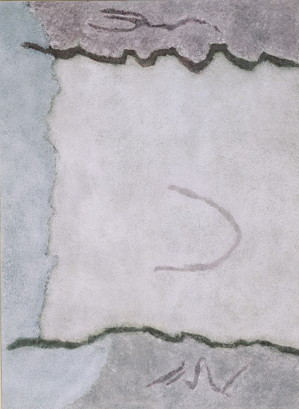 Coloured surface in beige and grey tones crossed by 2 parallel wavy lines. The painting Infinity Field for Friedrich by Theodoros Stamos