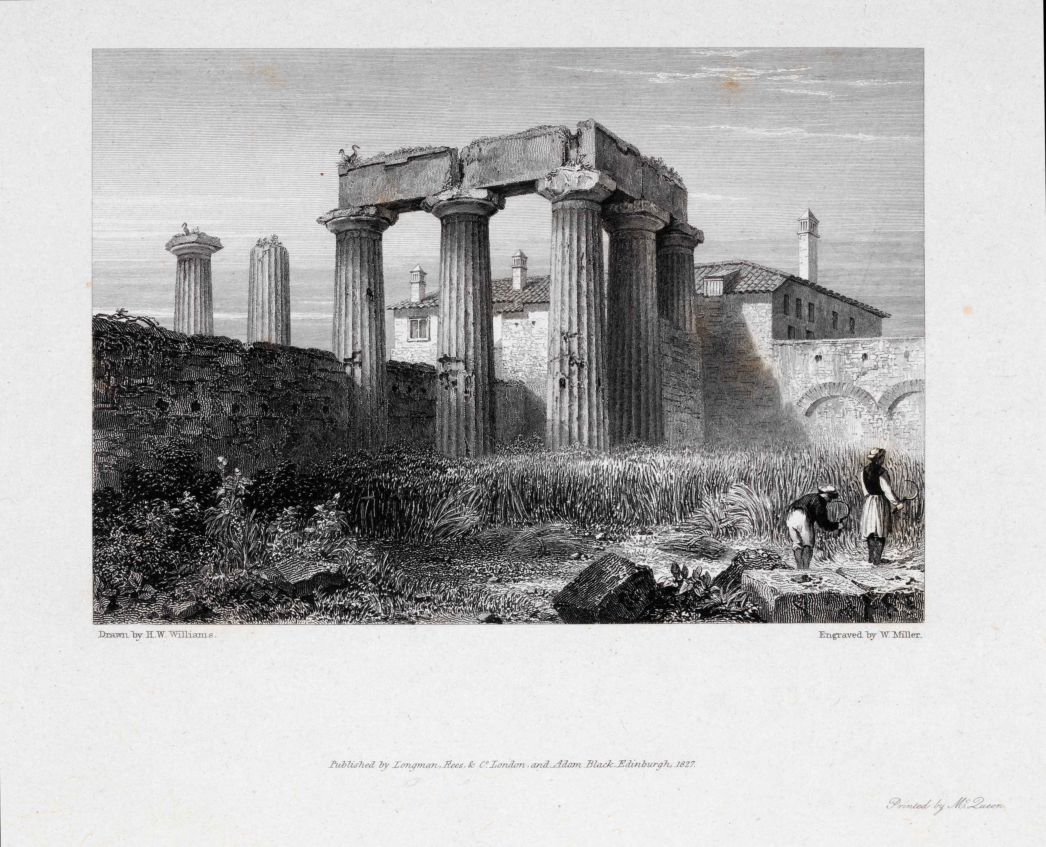 Black and white chalcography print, showing an ancient temple and building behind it. On the right, 2 men with sickles.   Chalcography print from the book Select Views in Greece with Classical Illustrations
