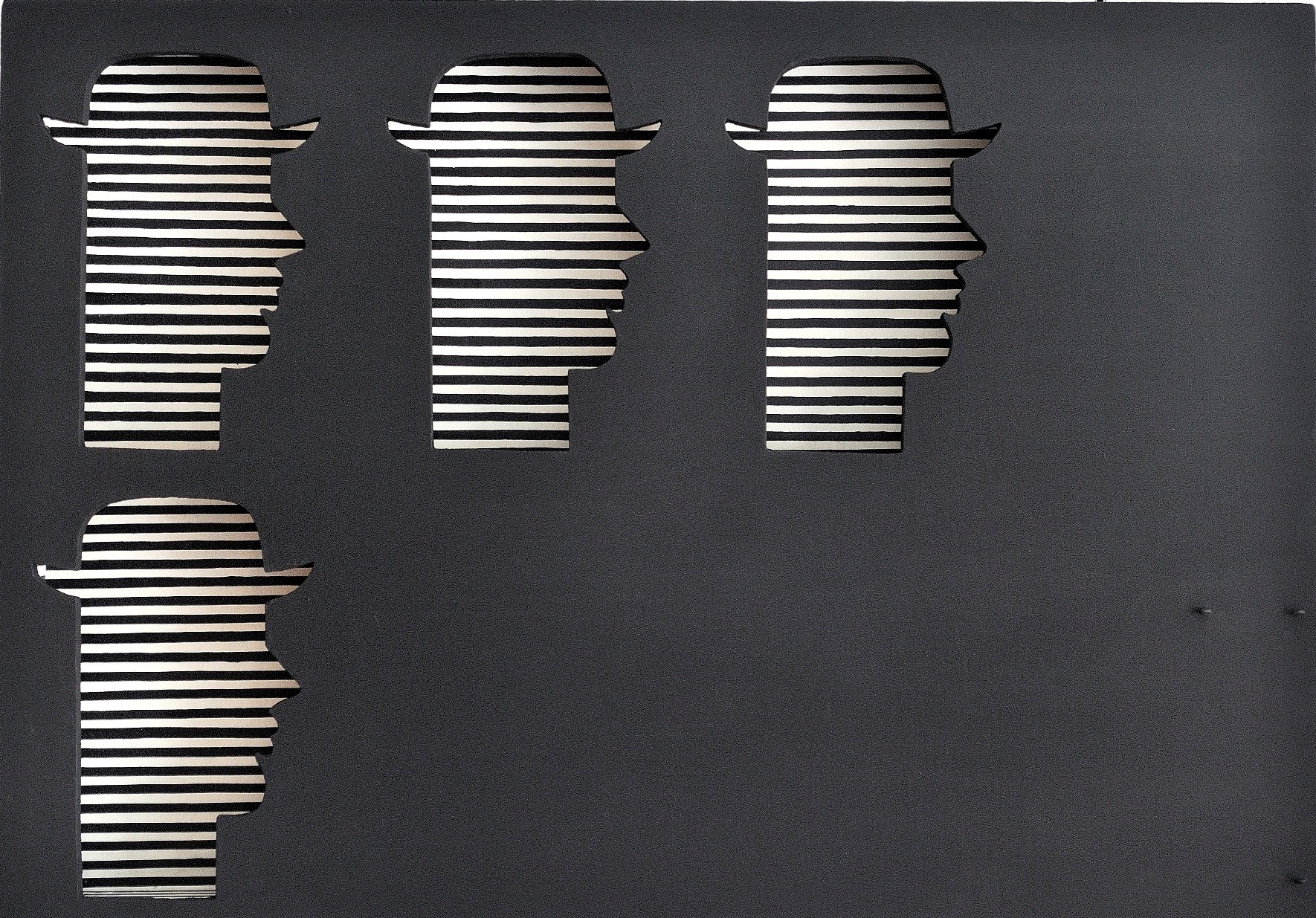 Yannis Gaitis’ Untitled work. Striped small human figures, acrylic on plywood. Yannis Gaitis painting from the exhibition at the Municipal Art Gallery of Thessaloniki