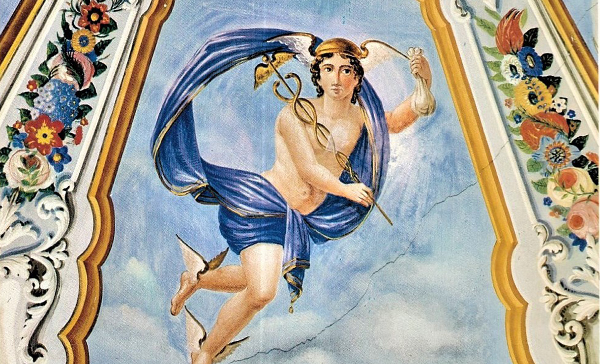 Λεπτομέρεια του εξωφύλου με τοιχογραφία που απεικονίζει τον θεό Ερμή.  