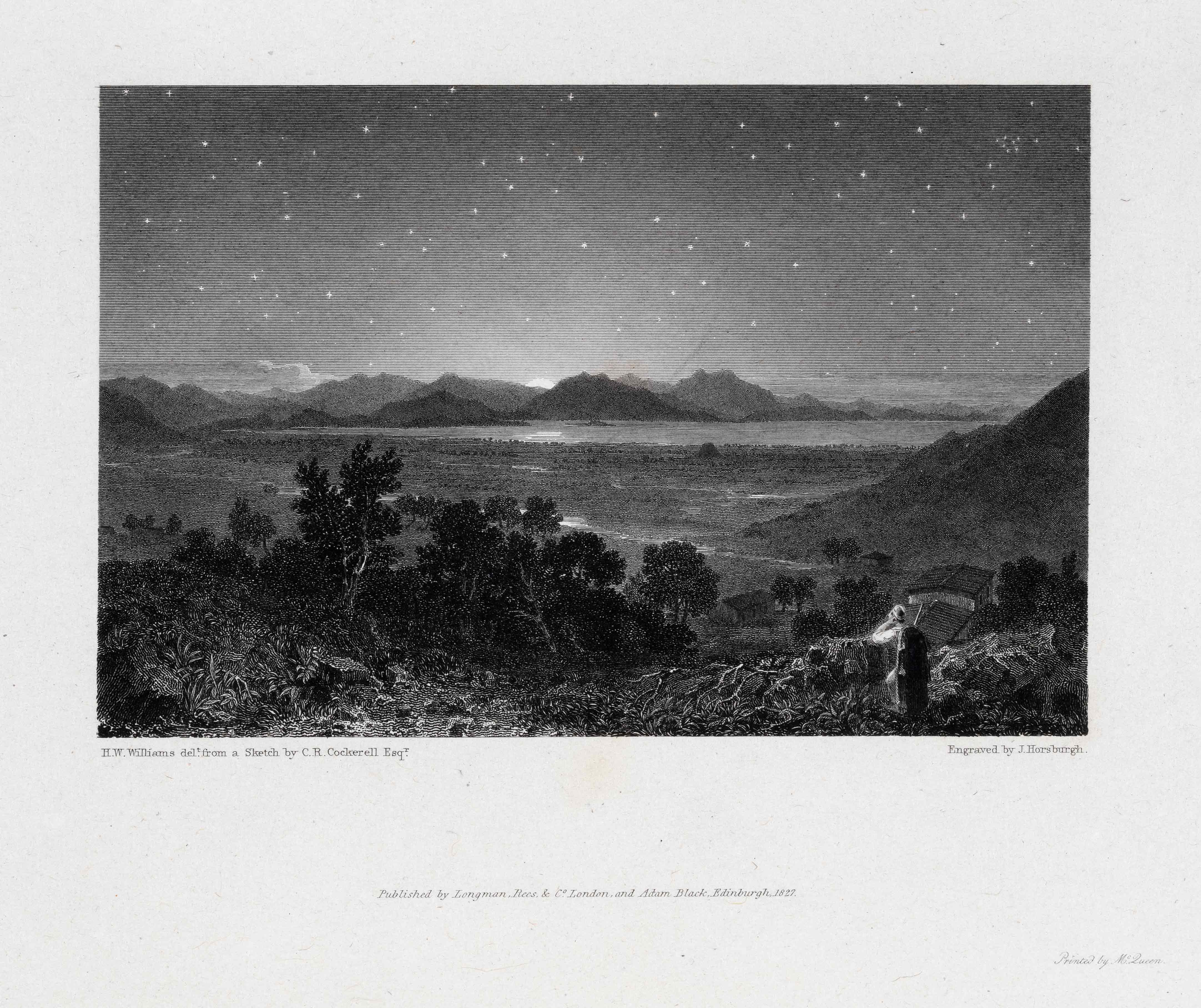 Black and white chalcography print showing a sunset and a starry sky over a Greek landscape. A person on the right.  Chalcography print from the book Select Views in Greece with Classical Illustrations