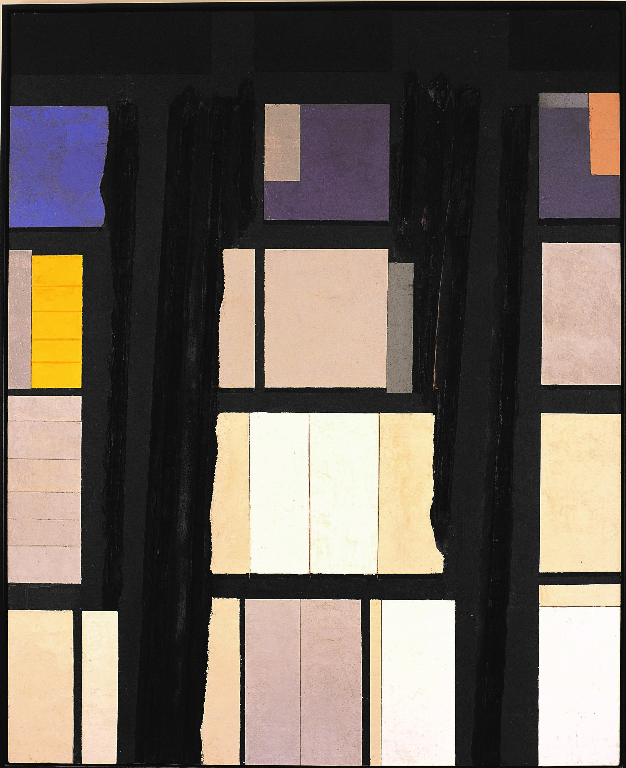 Abstract geometric composition with 4-sided shapes in blue, yellow, beige and white hues, framed in black. The painting Requiem I by Michalis Katzourakis