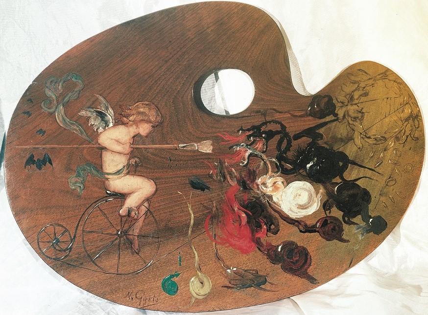 Composition on a palette. Young god Eros fighting dragons with a paintbrush, riding a bicycle.  Composition on a palette. Young god Eros fighting dragons with a paintbrush, riding a bicycle.