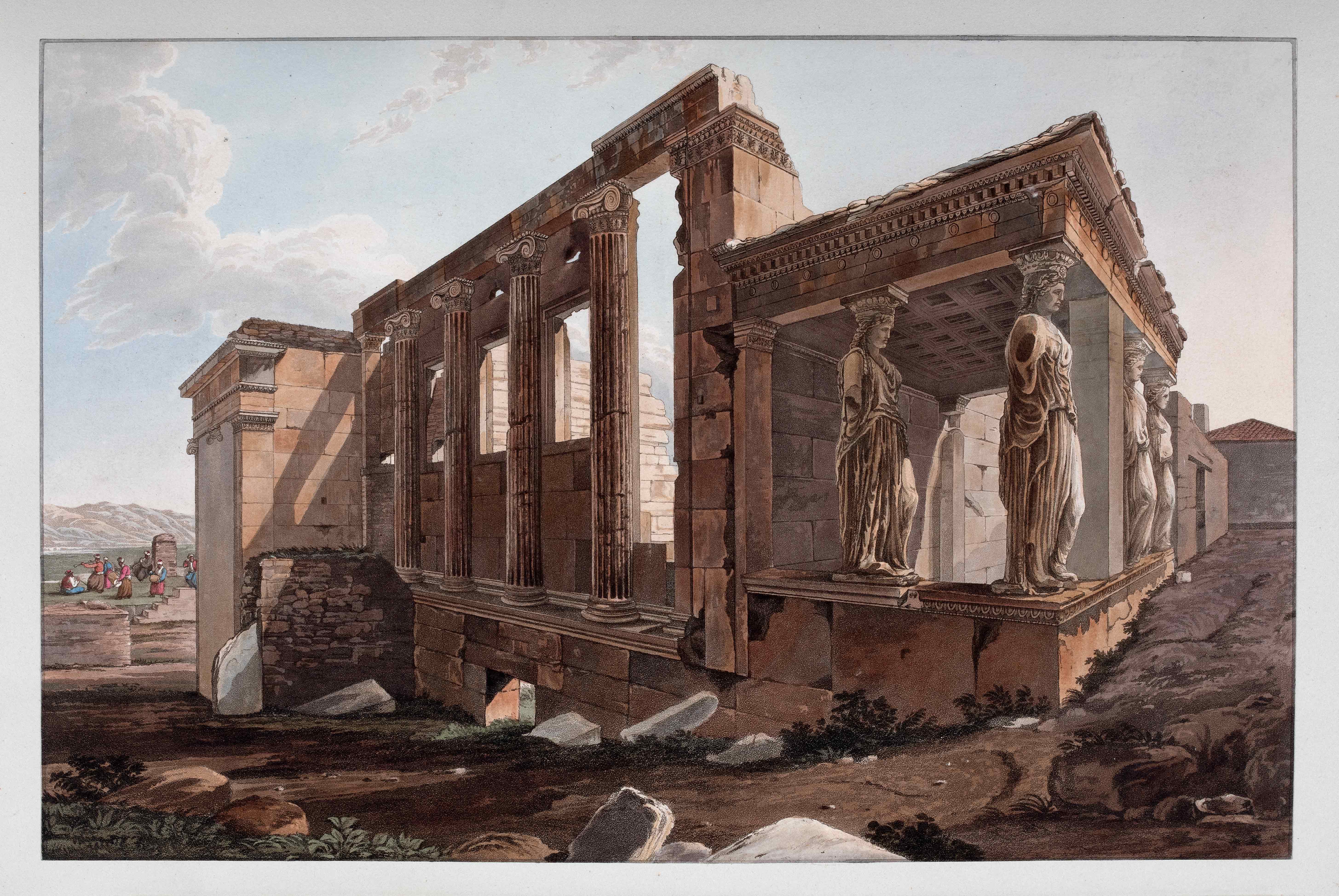 A painting of the Acropolis. The Caryatids on the right. Painting from the book Views in Greece, from Drawings