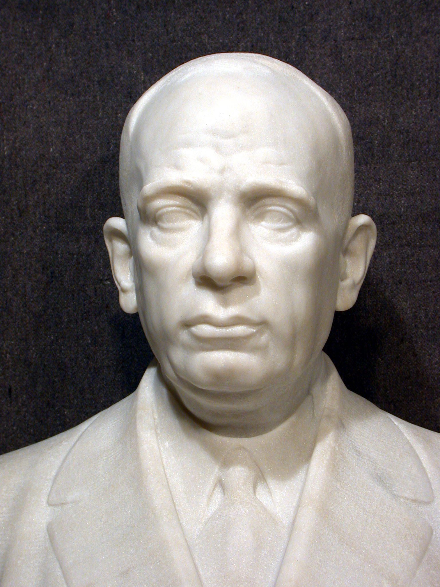 Detail of the marble sculpture, full-face. Bust of Spyridon Loverdos