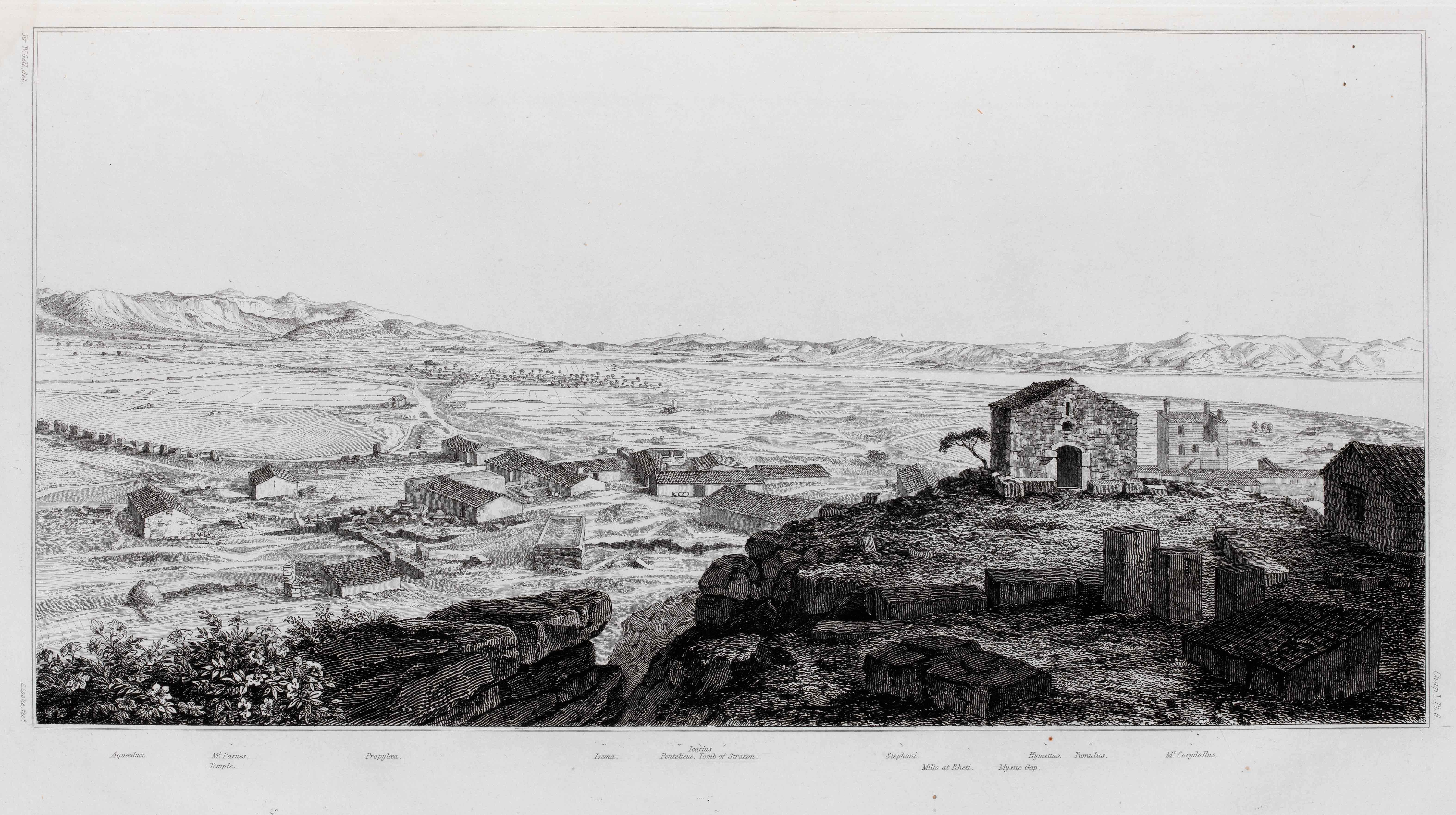 Page from The Unedited Antiquities of Attica, with an etching from the Temple of Zeus at Stratos, Mount Parnitha and Boeotia.  Page of the book The Unedited Antiquities of Attica