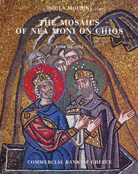 The cover of the publication The Mosaics of Nea Moni on Chios with title and mosaics depicting saints.