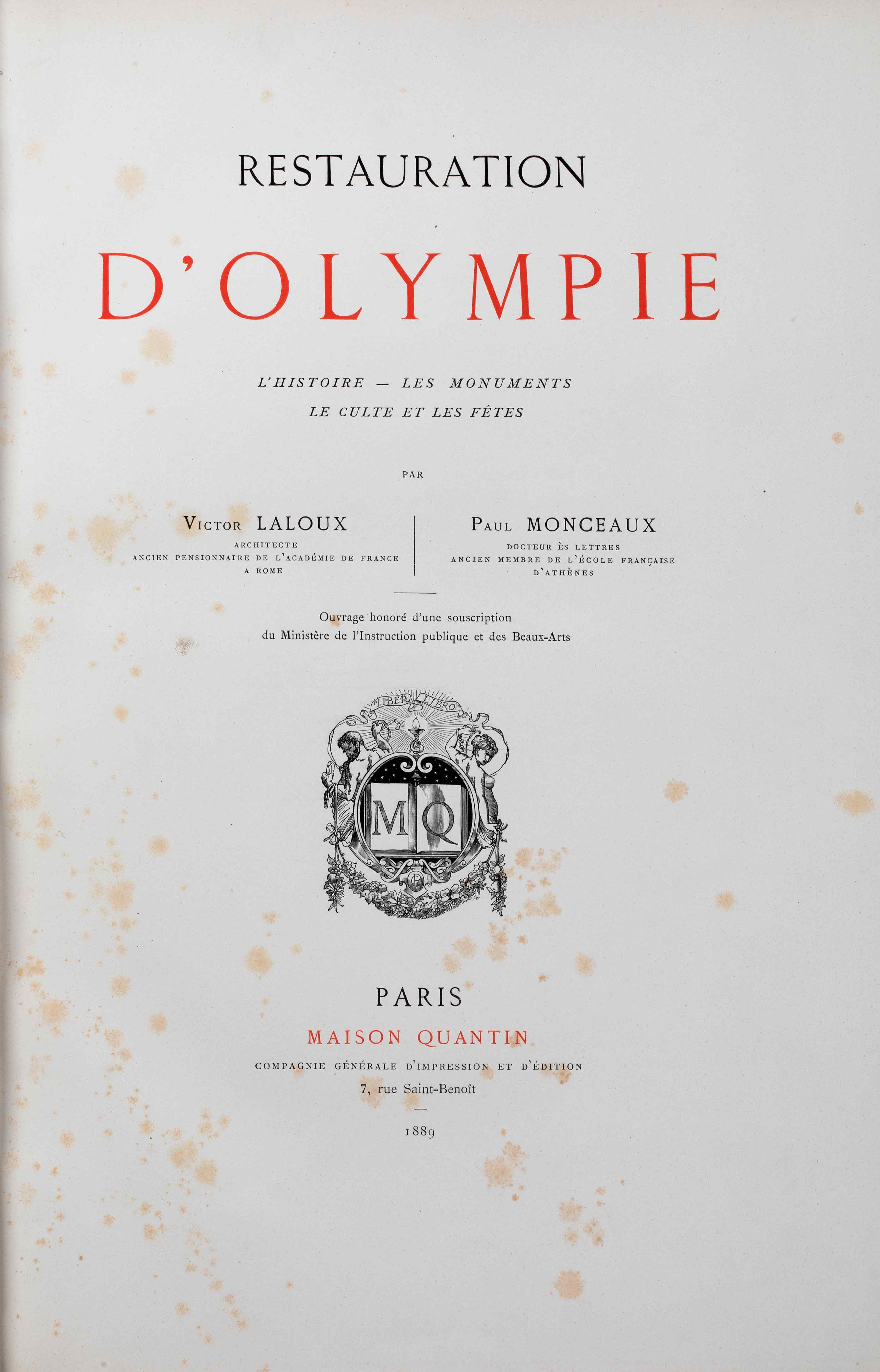 Σελίδα τίτλου με συγγραφέα και διακοσμημένο λογότυπο του εκδότη.  Σελίδα του βιβλίου Restauration d’Olympie