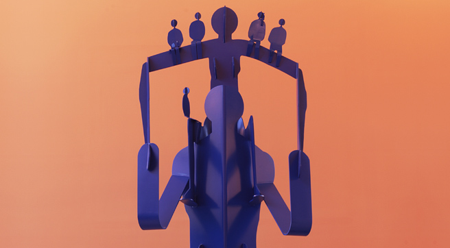 Detail of a blue figure holding on its shoulders a second figure that supports 5 smaller ones. 