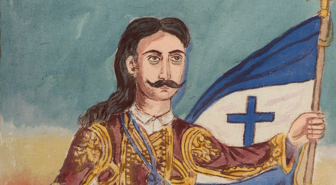 Λεπτομέρια του Μάρκου Μπότσαρη να κρατάει στο αριστερό χέρι την ελληνική σημαία.  Λεπτομέρια του Μάρκου Μπότσαρη να κρατάει στο αριστερό χέρι την ελληνική σημαία.