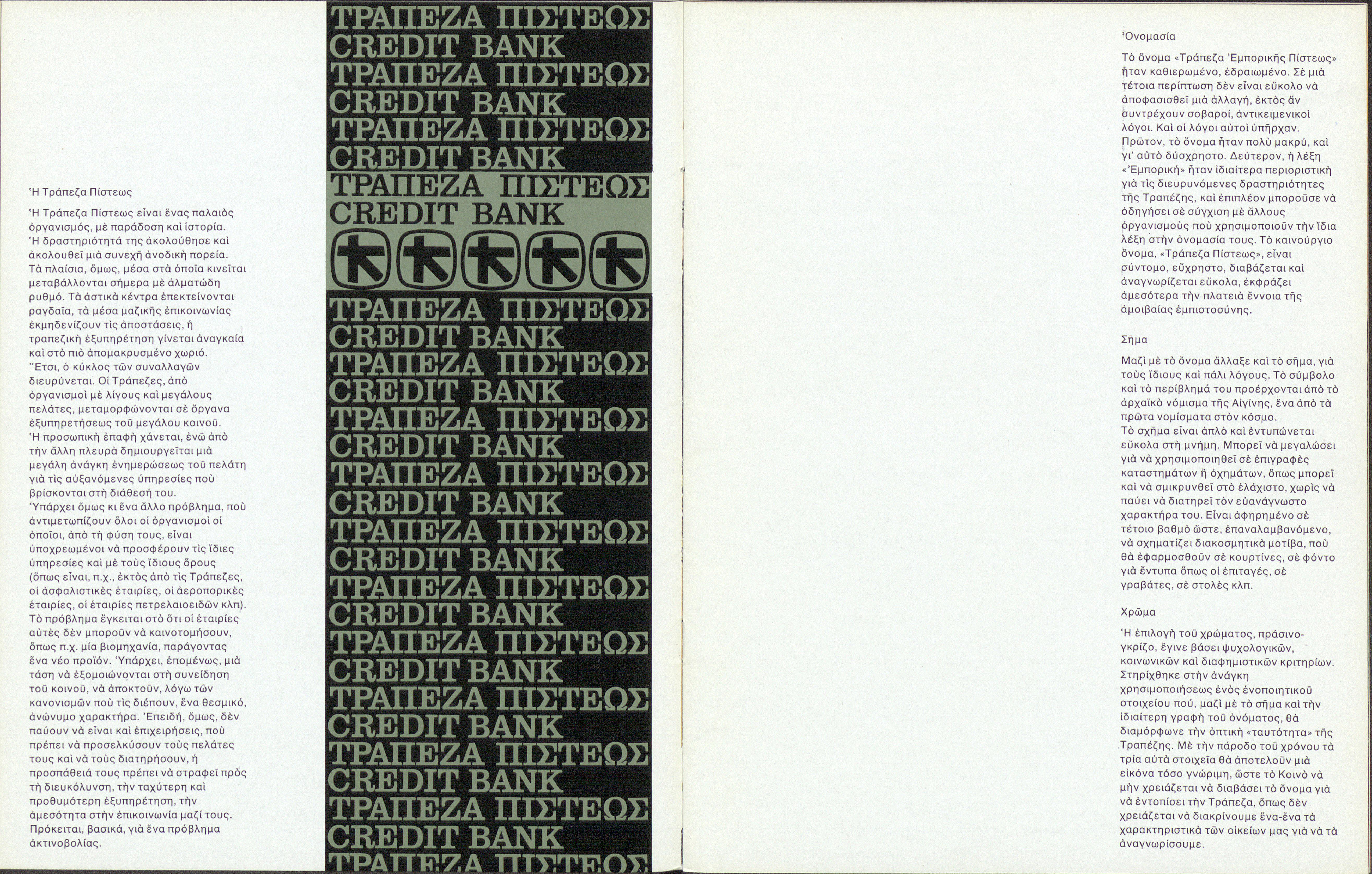 Two-page spread from leaflet on Credit Bank’s new corporate identity  