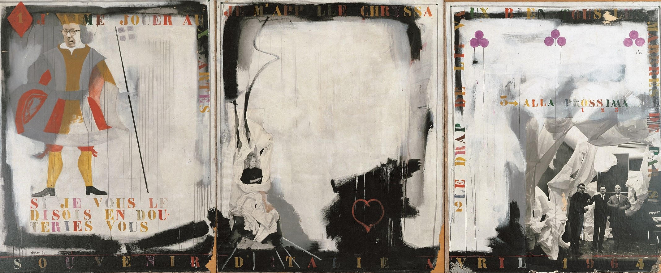 Διαδοχικά, ο καλλιτέχνης, η σύζυγός του και 3 άνδρες σε λευκό-γκρι φόντο, με μείξη ζωγραφικής και φωτογραφίας. Souvenir d’ Italie του Νίκου Κεσσανλή