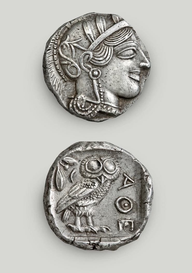 Two sides of the coin. On the obverse Athena’s head in profile, on the reverse owl and the letters ATHE.