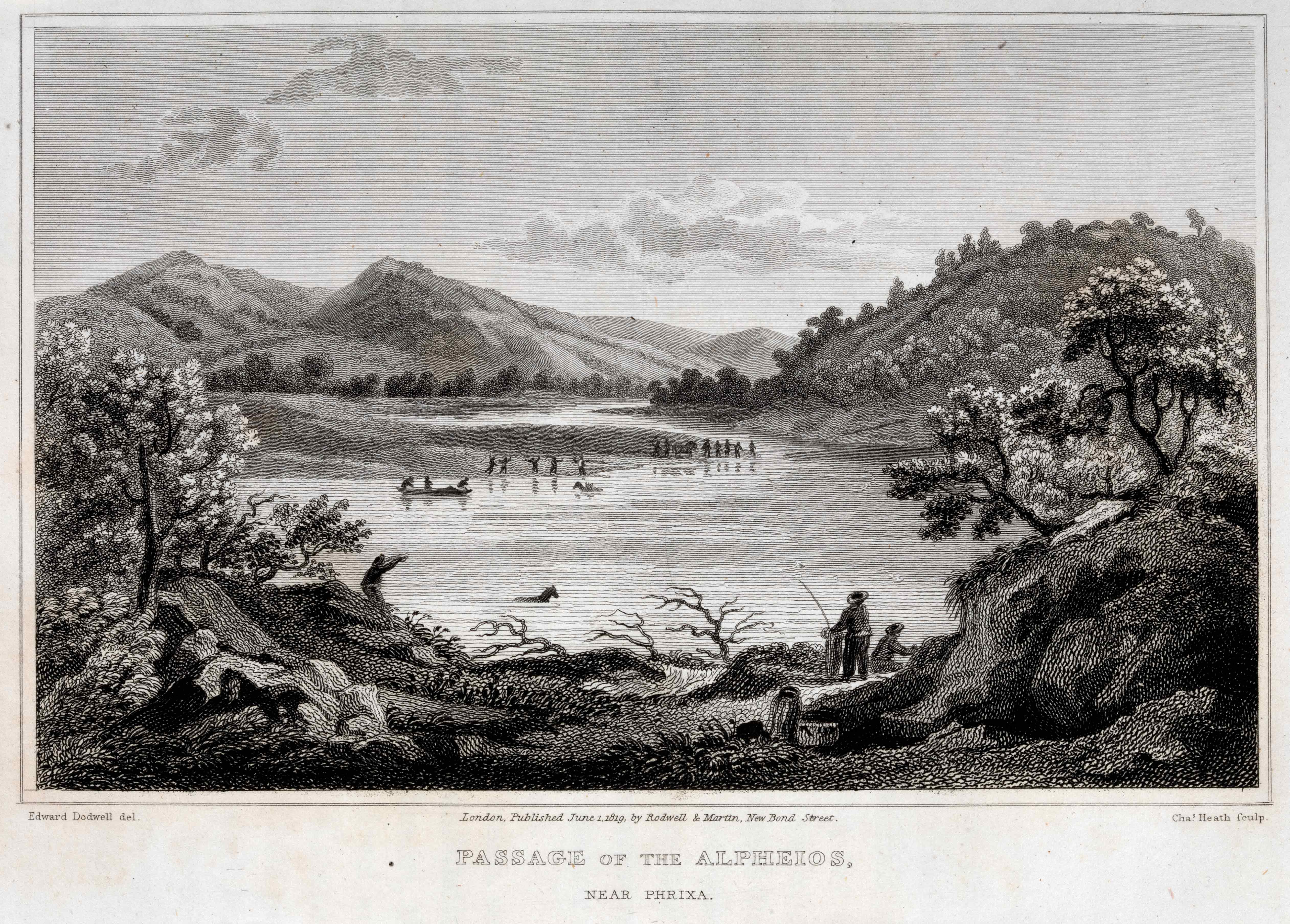 Page from the book A classical and topographical tour through Greece showing people and animals crossing the River Alfeios. Page of the book A classical and topographical tour through Greece