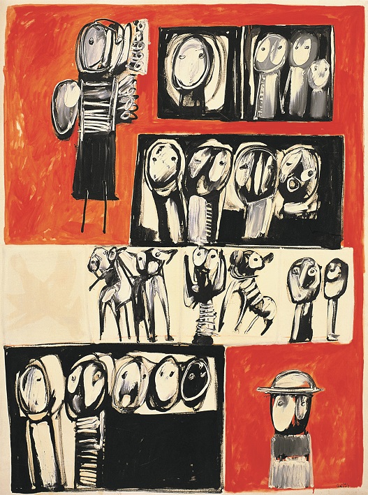 Αφαιρετικά ανθρωπάκια σε ομάδες μέσα σε στενές ζώνες. Η πρώτη μορφή σε μεγαλύτερη κλίμακα, η τελευταία φέρει καπέλο. 