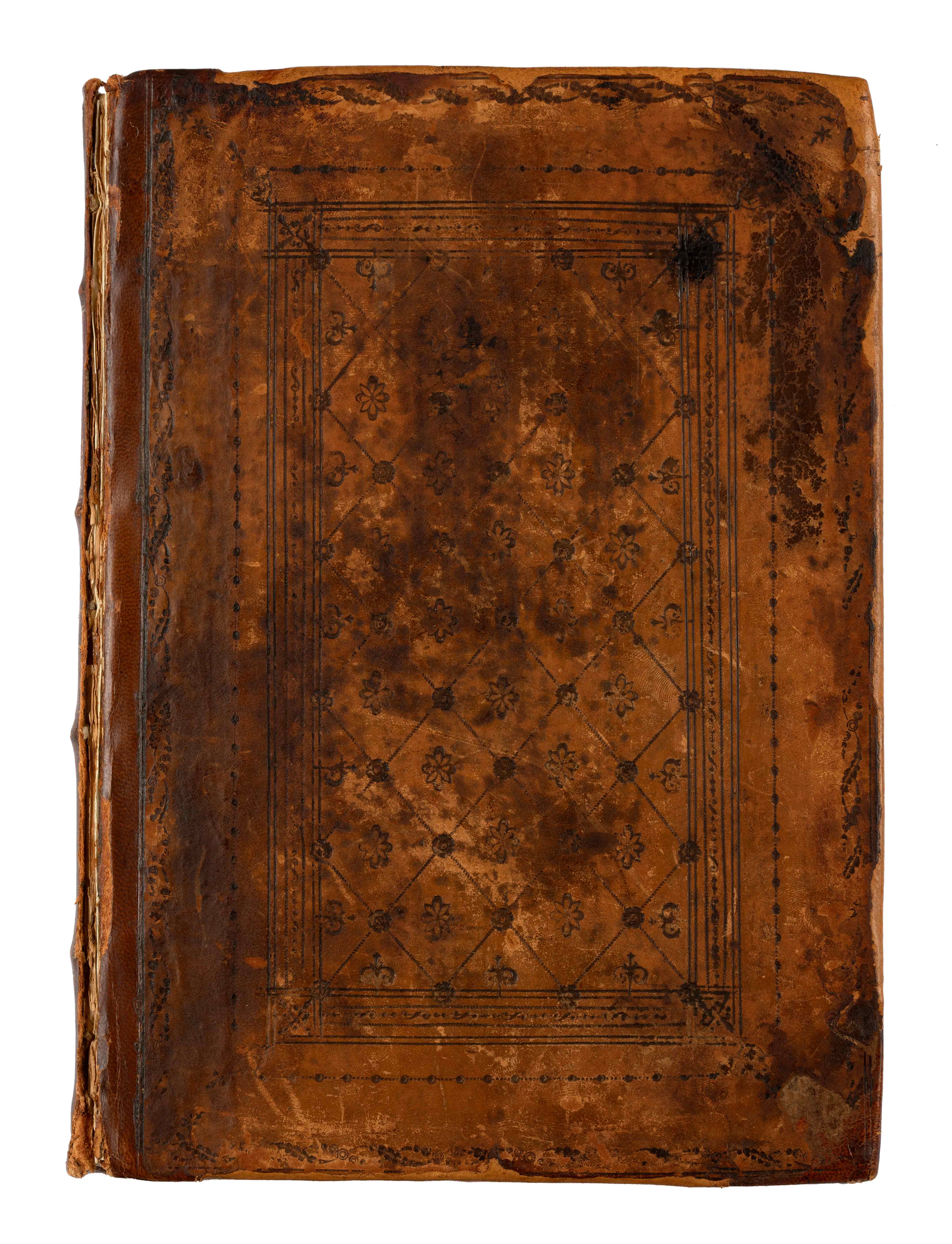 The worn, brown leather cover of the book, with a decorative rectangular frame.  Cover of the book Demosthenes’ Orations Two and Sixty