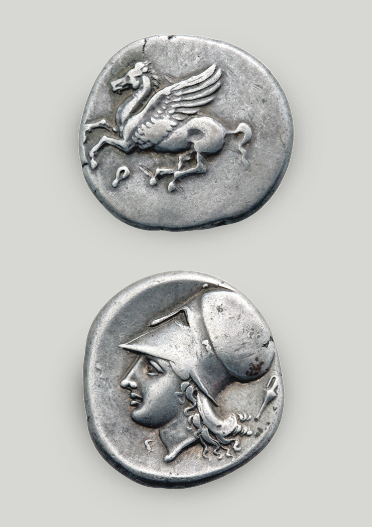 Two sides of Corinthian stater. On the obverse the winged Pegasus, on the reverse the head of Athena in profile.