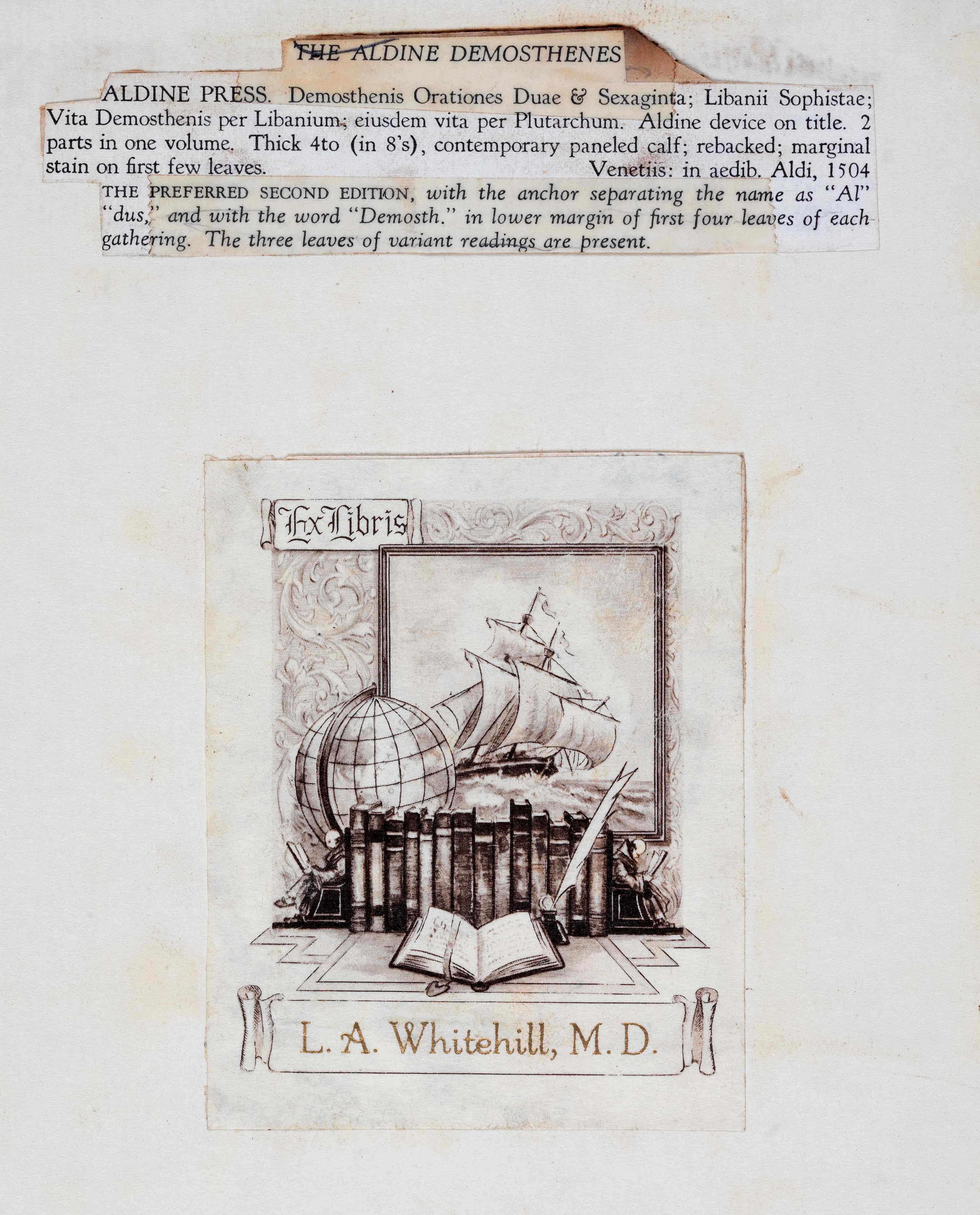 Etching of a book open on a desk, inkwell, globe and a painting of a ship.  Page of the book Demosthenes’ Orations Two and Sixty