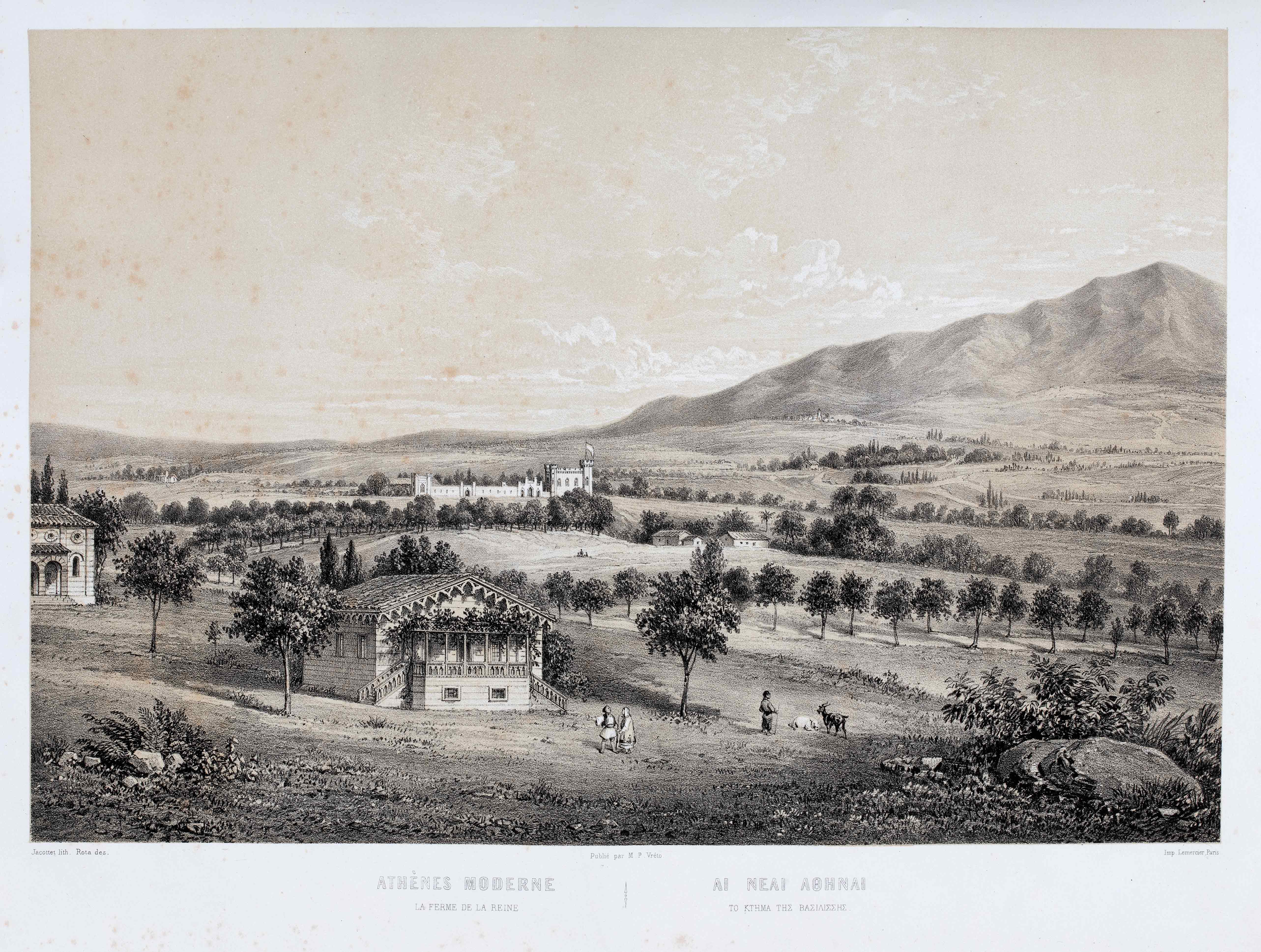 Etching of the Queen’s land in Ilion, with a farm, tower and stables. Picture from the book Modern Athens