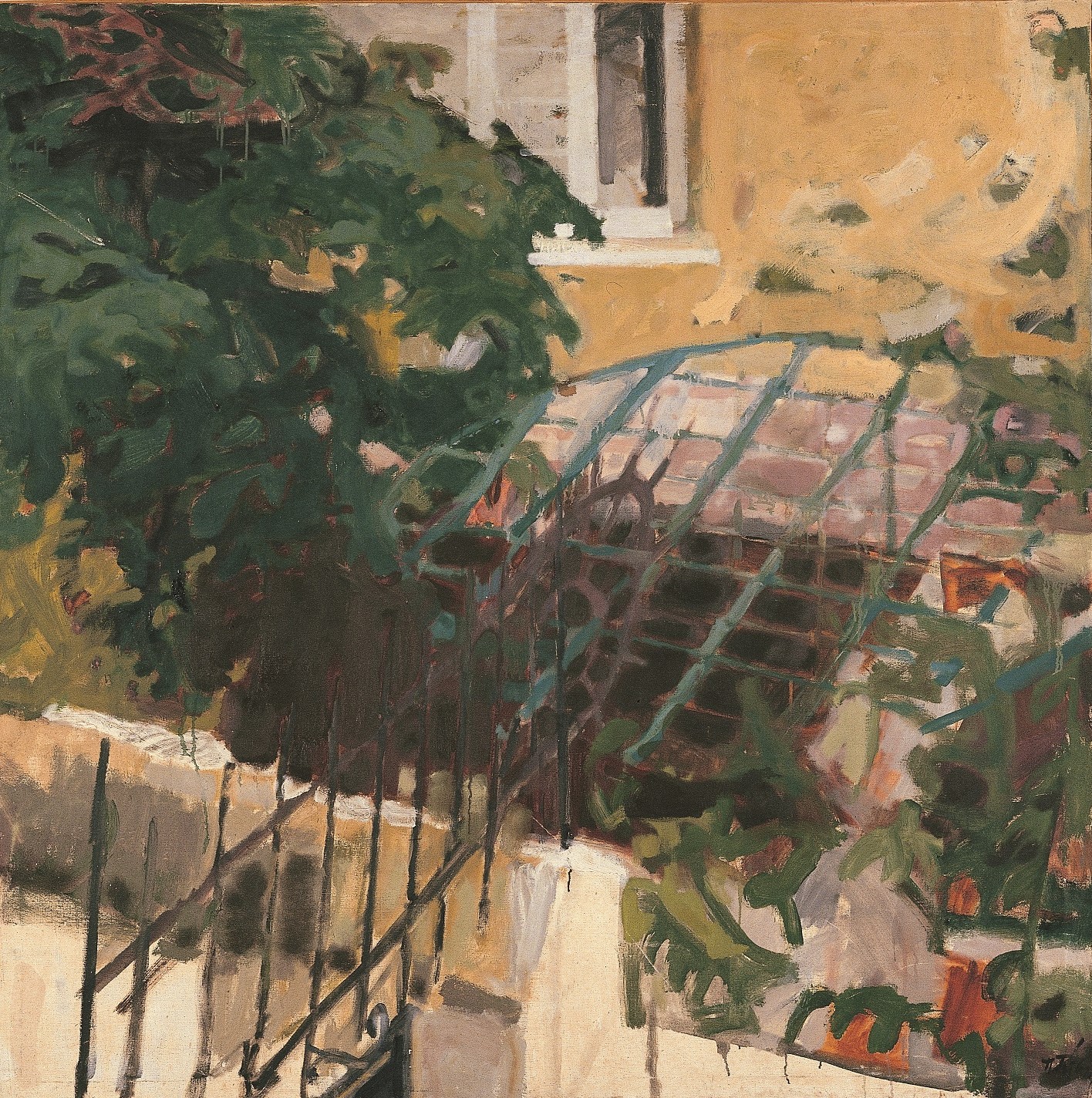 Yards with trees and plants separated by iron and stone fences. A white window set in a yellow wall is seen in the background. Work: Athens