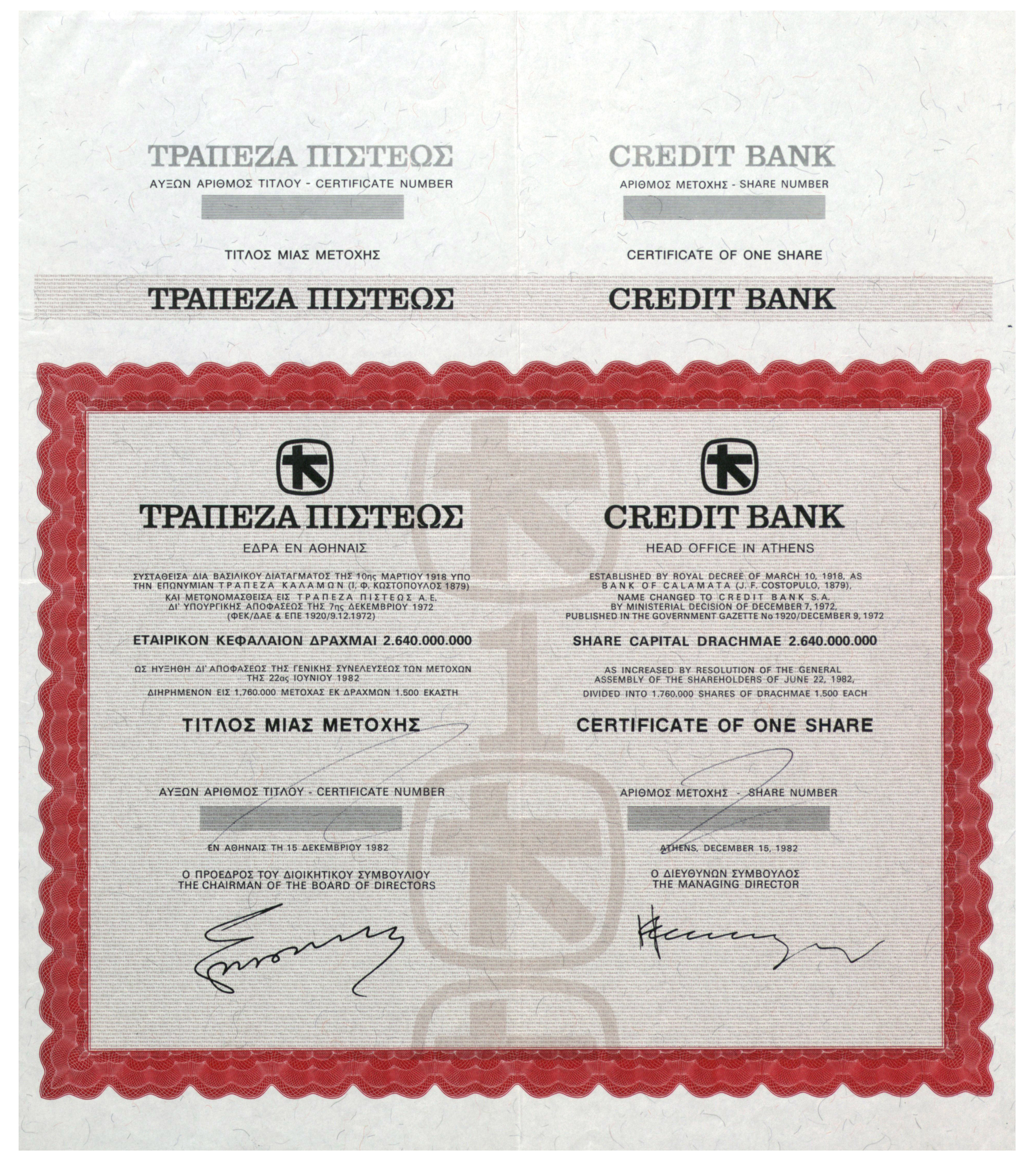 Credit Bank 1-share stock certificate with bank and share details in Greek and English.  Credit Bank 1-share stock certificate