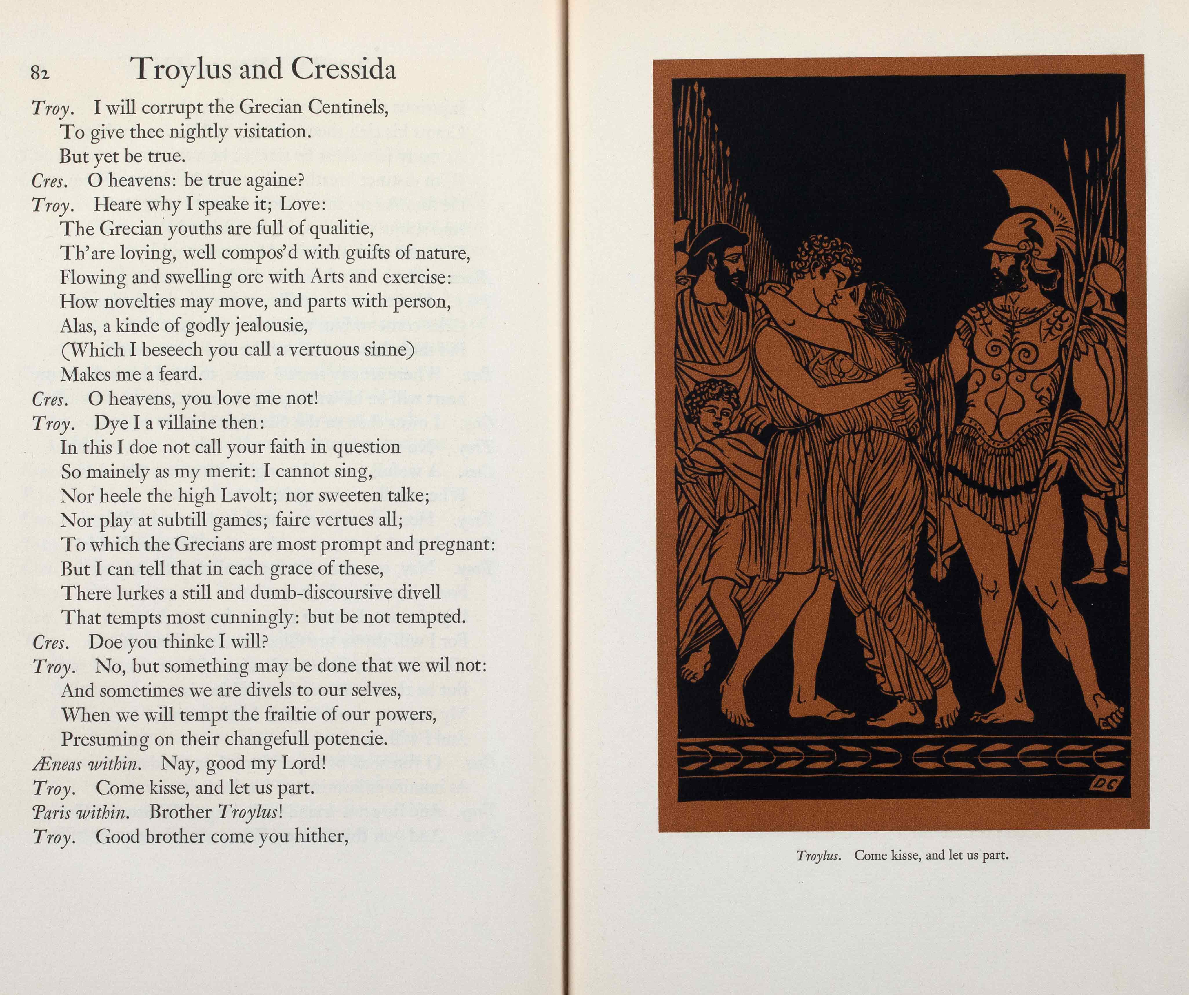 Print with Trolius and Cressida holding each other, wearing chitons. Soldiers are near them. The book Trolius and Cressida