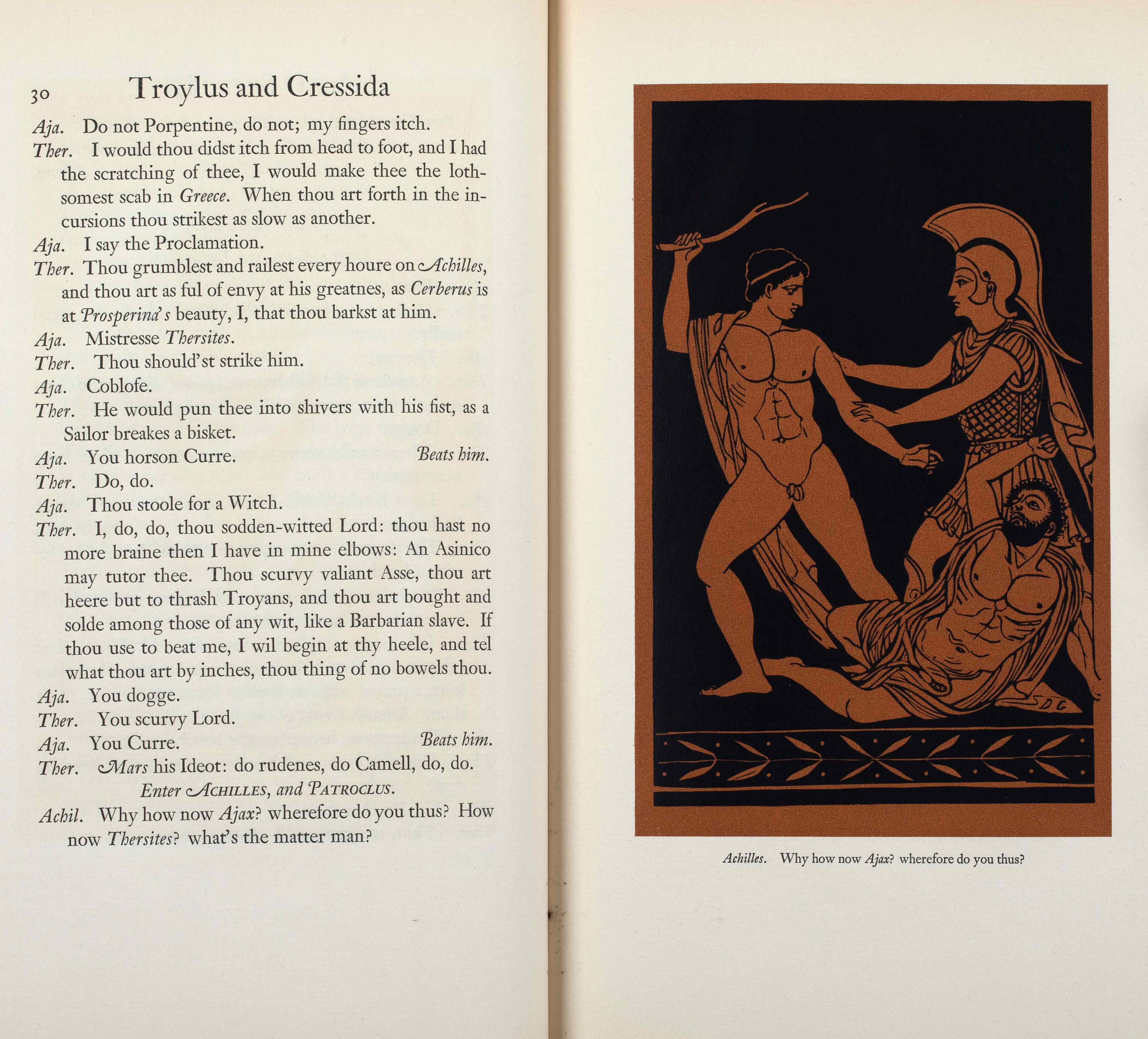 Print with Ajax naked, hitting Thersites who is lying on the ground. Achilles is holding him back. The book Trolius and Cressida