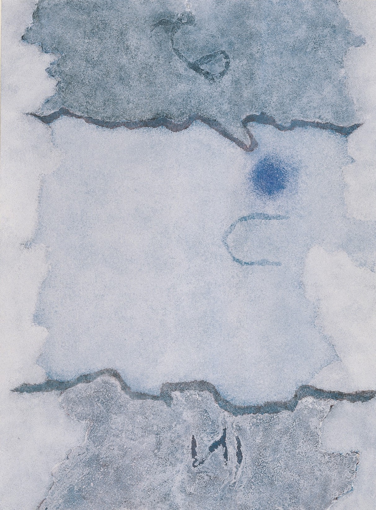 Coloured surface in light blue and grey tones crossed by 2 parallel wavy lines. The painting Infinity Field for Friedrich by Theodoros Stamos