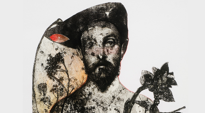 Detail of a male bust and fossils all over the composition. Detail of a male bust and fossils all over the composition.