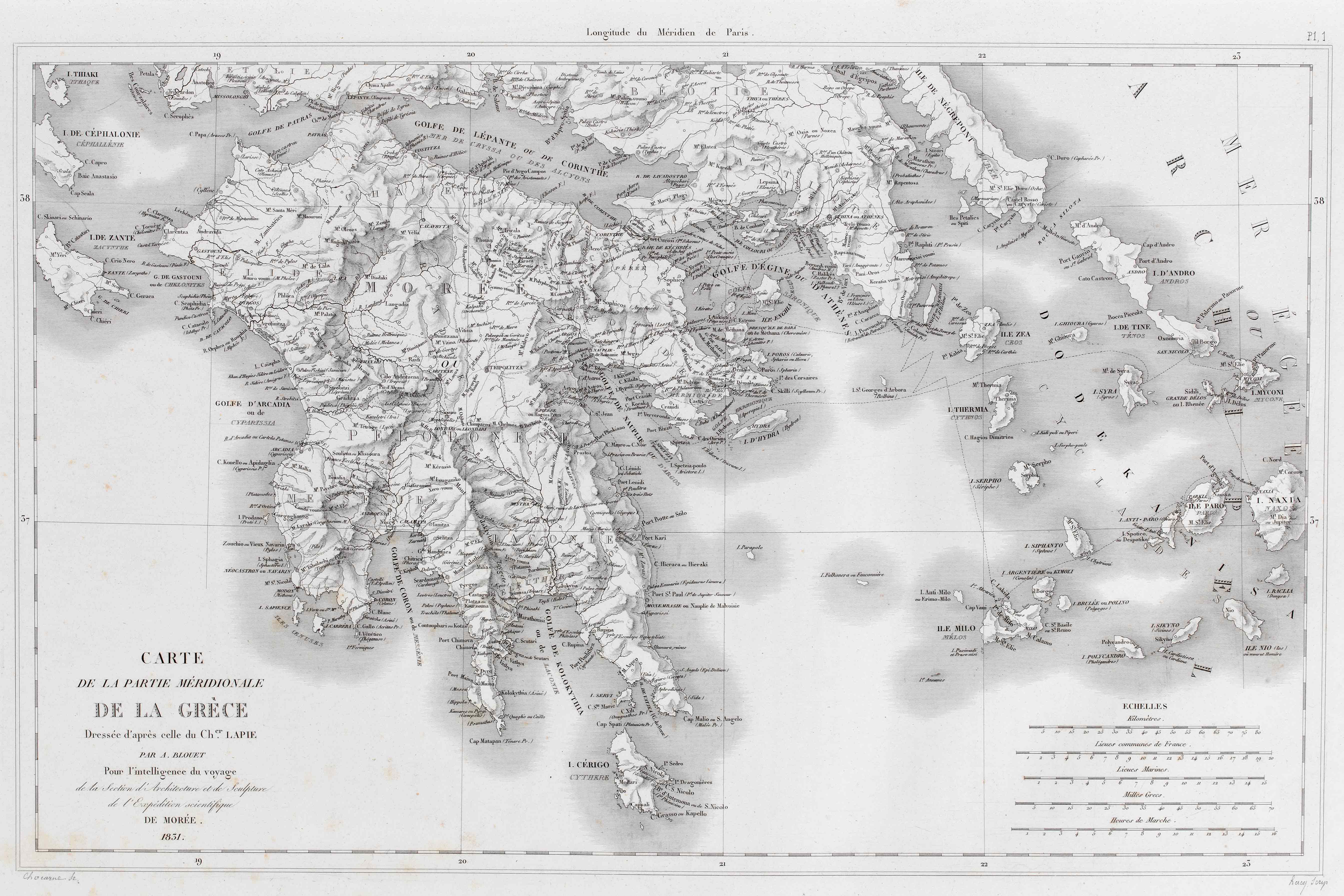 Page from the book Expédition scientifique de Morée showing a map of southern Greece. Inner pages of the book Expédition scientifique de Morée