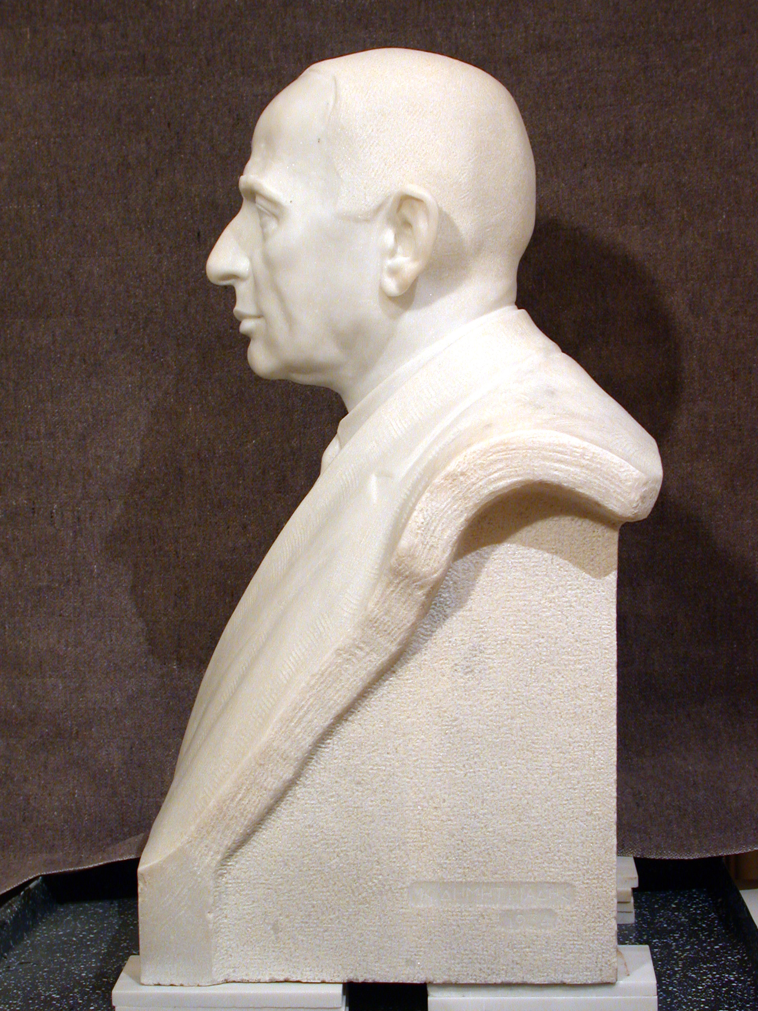 White, marble bust, left side view. Bust of Dionysios Loverdos