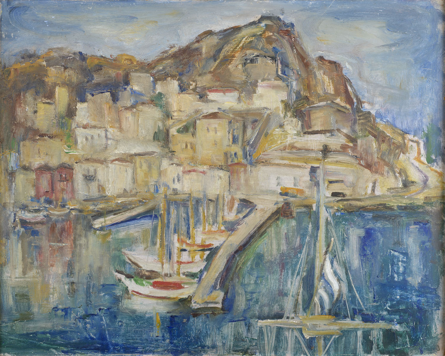 Hill with houses stretching all the way to the port in the background. The dock and boats in the foreground. Painting “Port of Hydra”