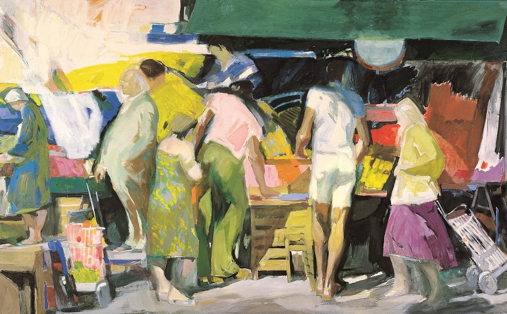 Άνθρωποι με πολύχρωμα ρούχα ψωνίζουν στη λαϊκή αγορά ένα ηλιόλουστο πρωί.  Άνθρωποι με πολύχρωμα ρούχα ψωνίζουν στη λαϊκή αγορά ένα ηλιόλουστο πρωί.