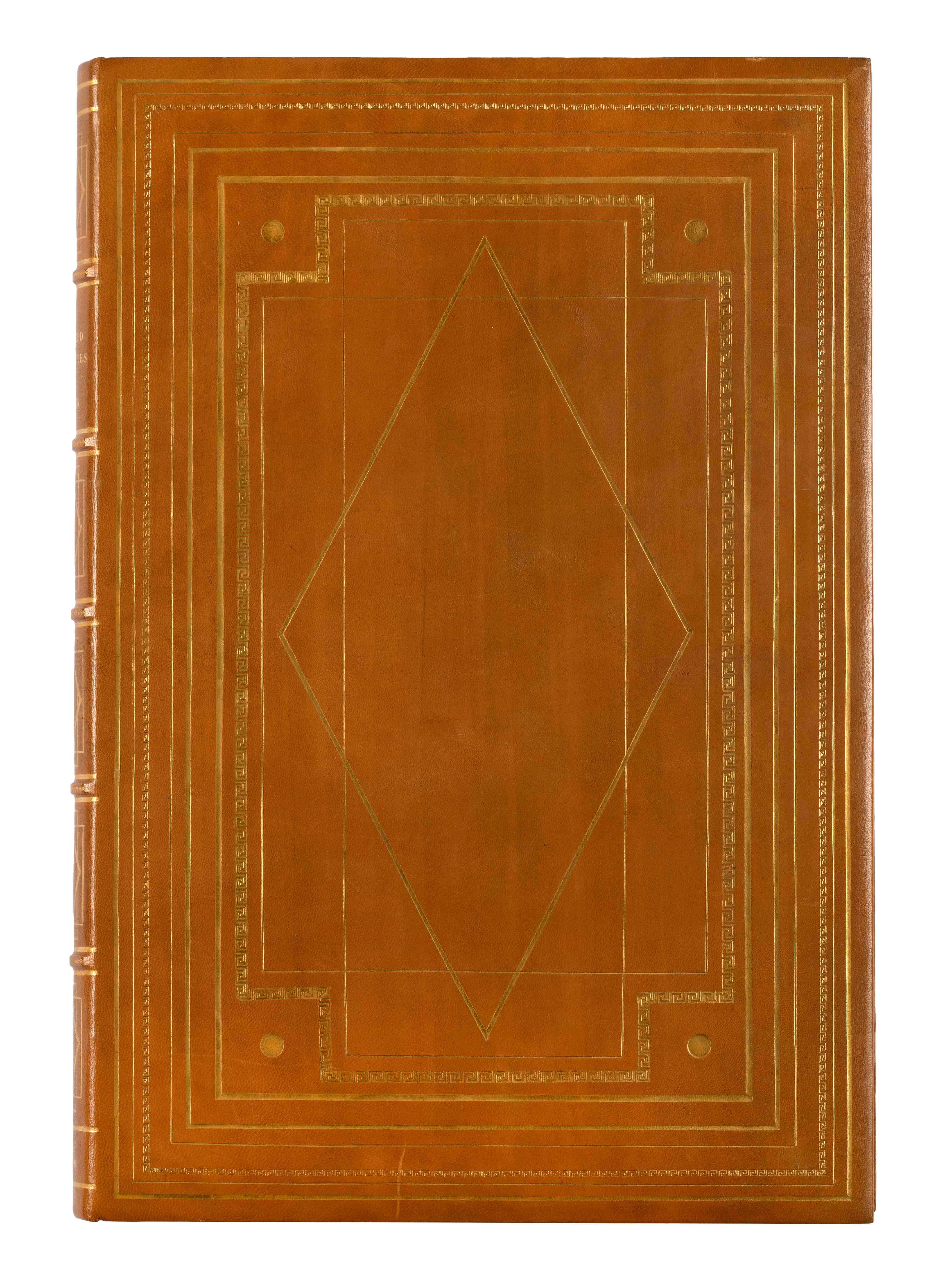 The brown leather cover of the book The Unedited Antiquities of Attica, with gold geometric decorative elements.  Cover of the book The Unedited Antiquities of Attica