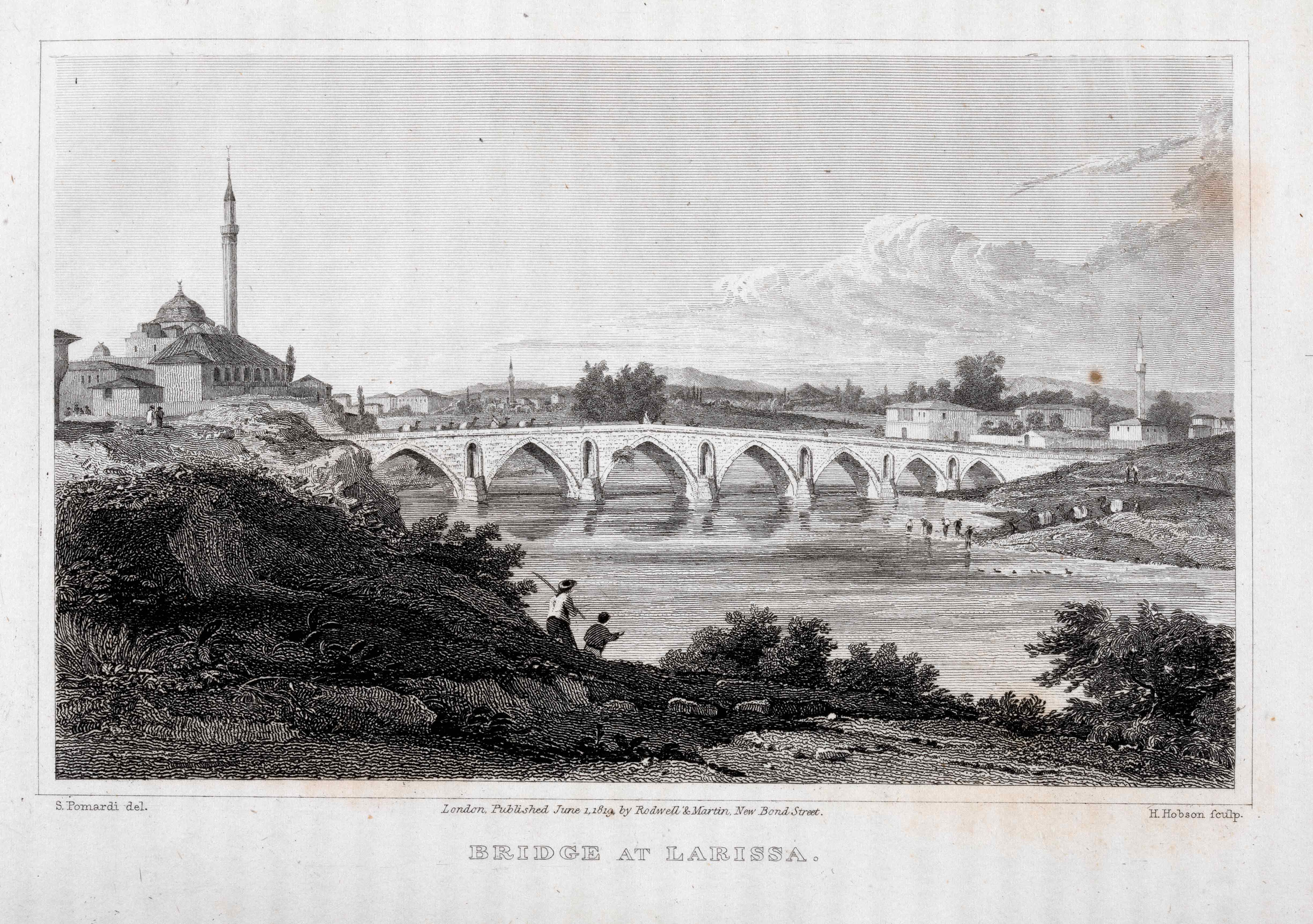 Page from the book A classical and topographical tour through Greece showing a bridge over a river in Larisa. Page of the book A classical and topographical tour through Greece