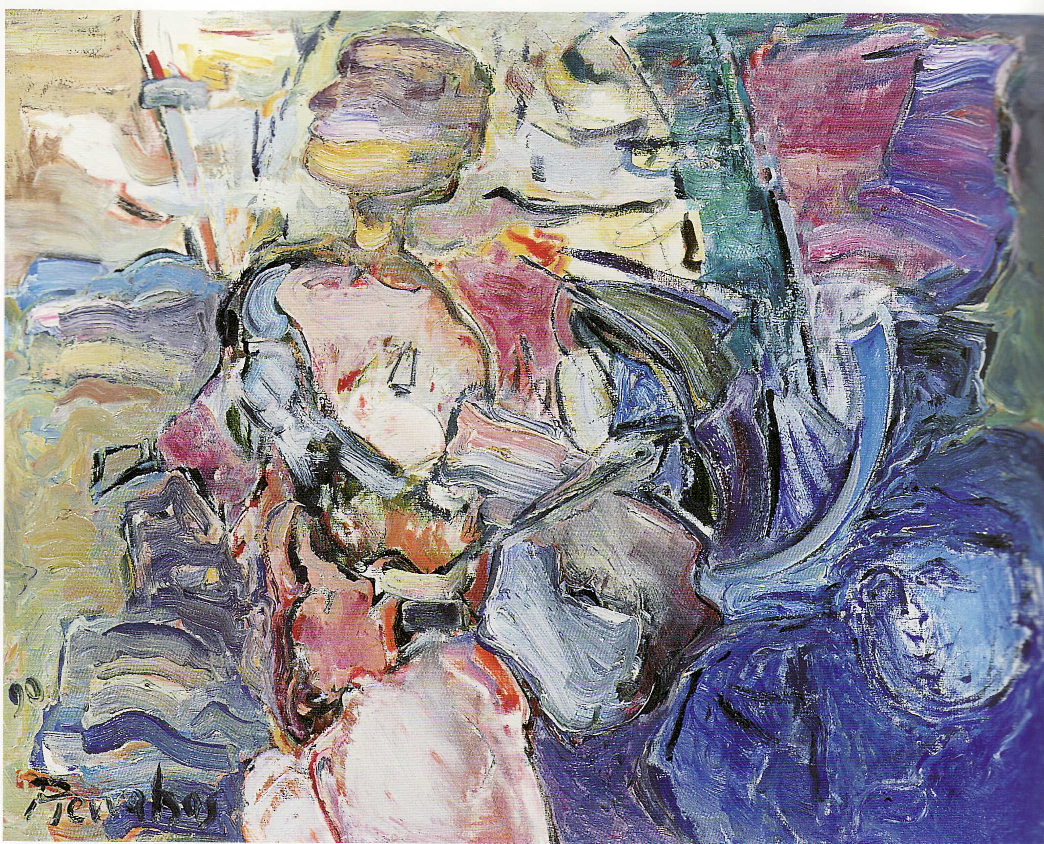 To the left an abstract female nude with bold colours and to the right a single-coloured male figure. 