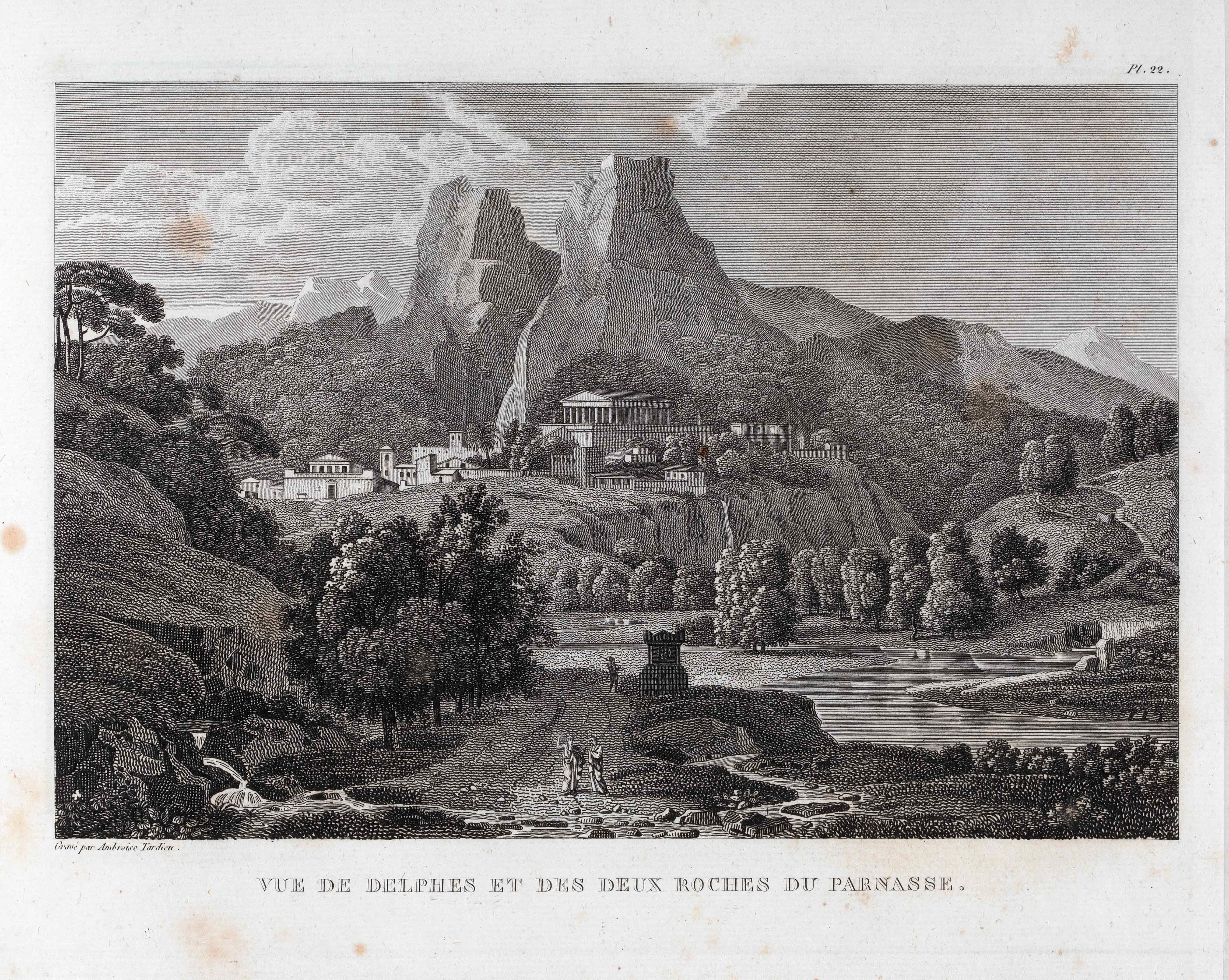 Γκραβούρα με το μαντείο των Δελφών στους πρόποδες του Παρνασσού.  Εικόνα από το βιβλίο Voyage du jeune Anacharsis en Grèce