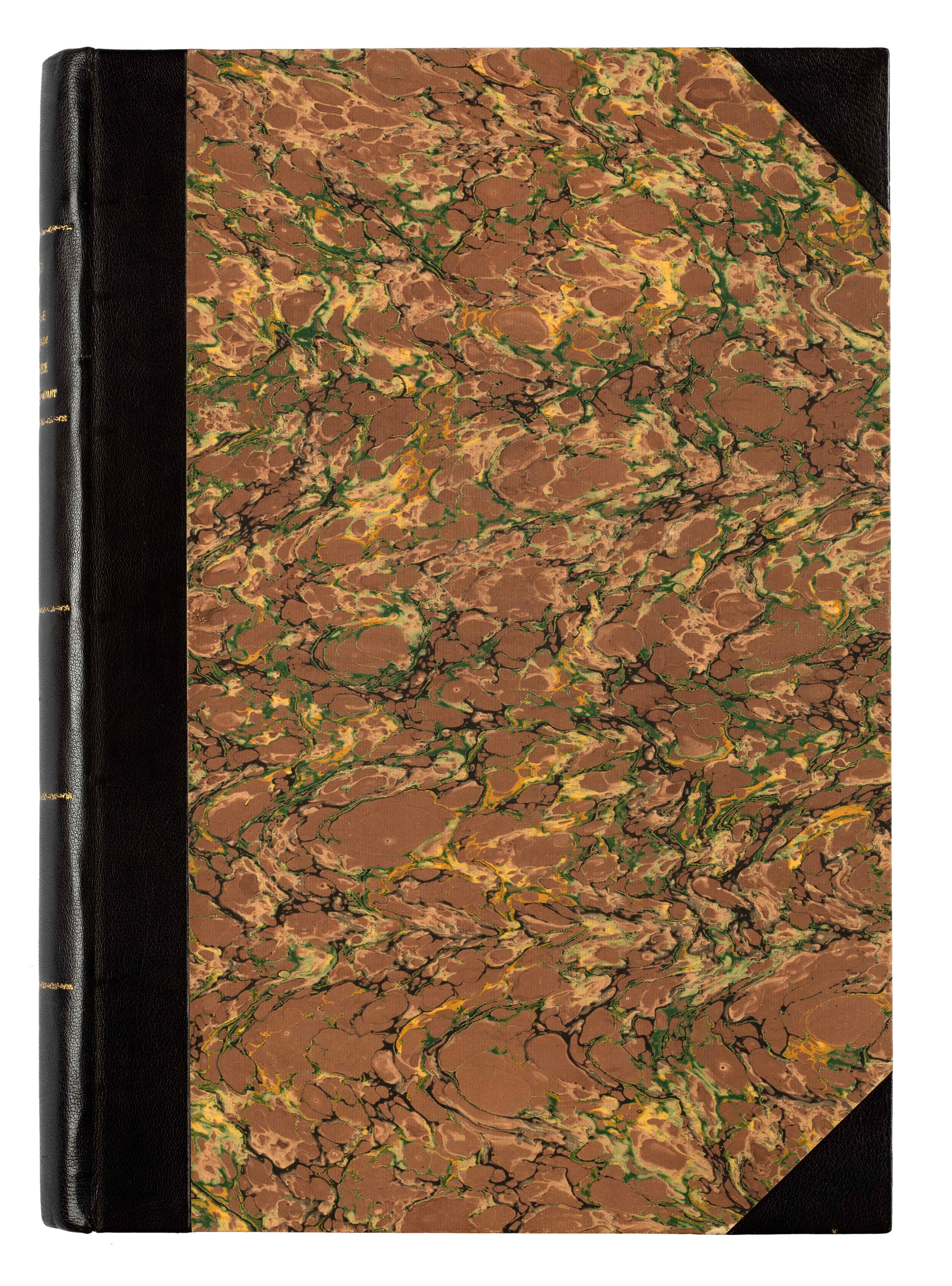 A book with a thick brown cover and irregular designs.  The book Voyage pittoresque en Grèce et dans le levant