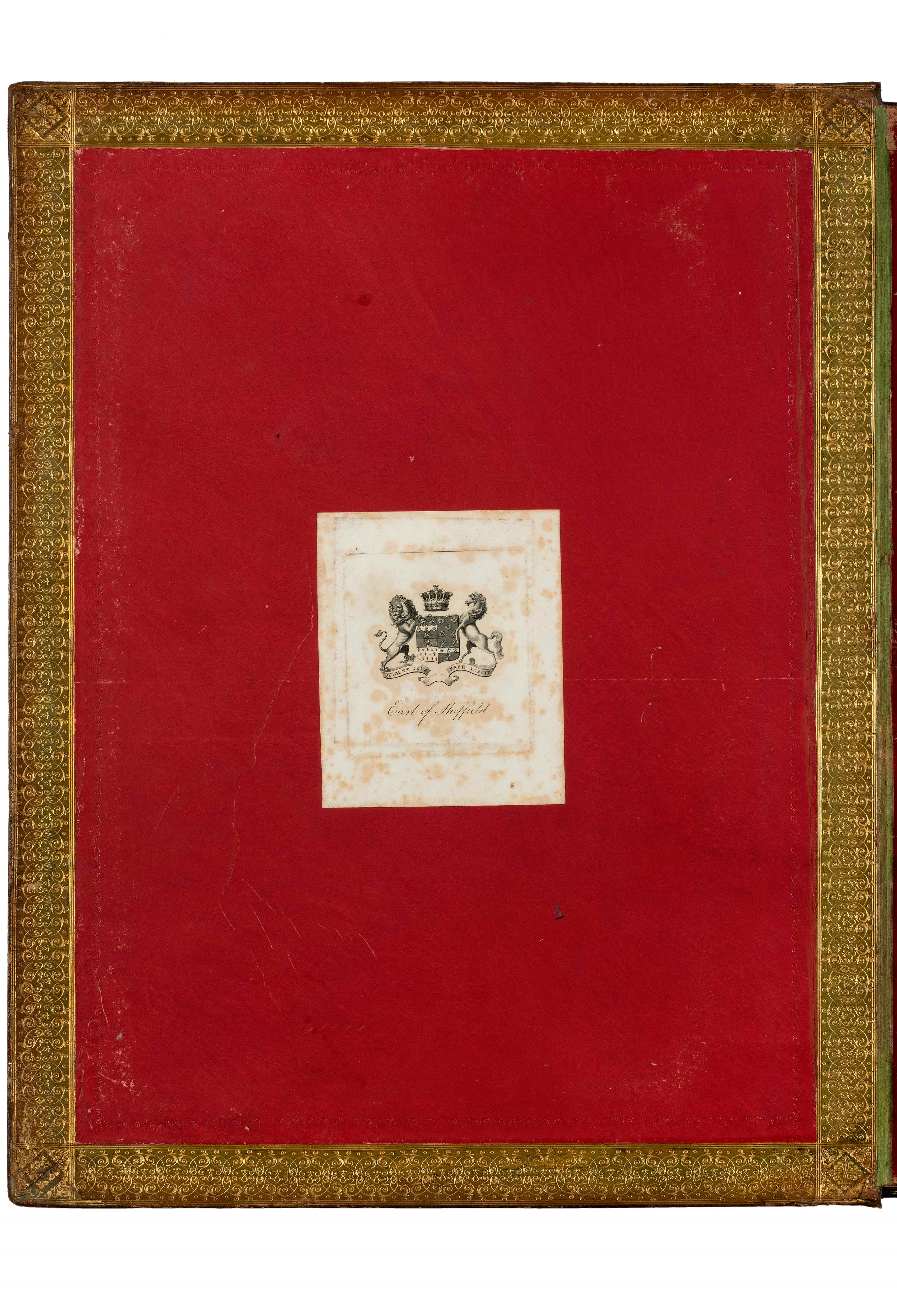Book with red cover and in the middle a white rectangle with the logo “Earl of Sheffield”. Cover of the book Views in Greece, from drawings