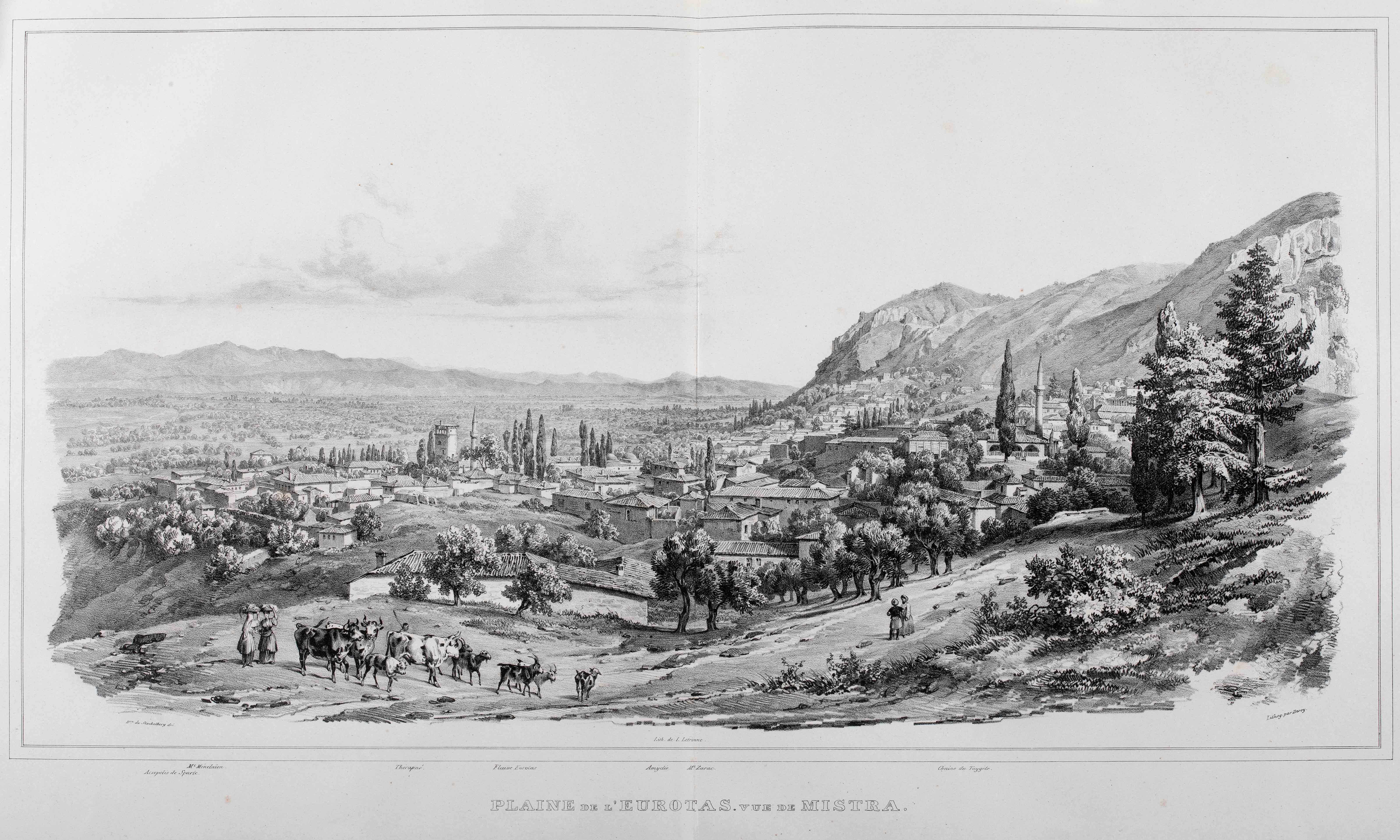 Page of Volume 1 of La Grèce: vues pittoresques et topographiques with a view of Mystras. People and animals are depicted. Page of La Grèce: vues pittoresques et topographiques – Vol. 1